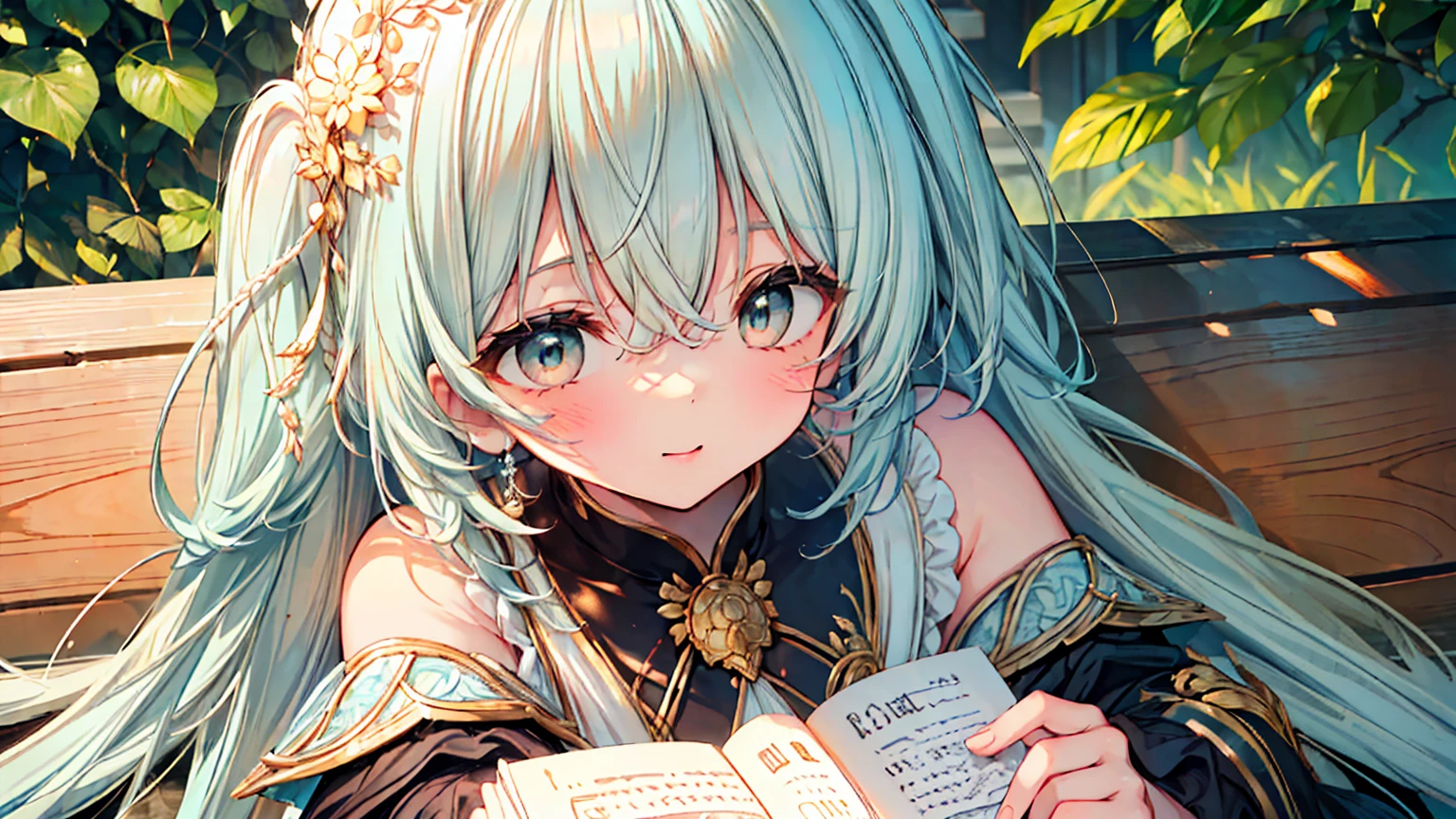 masterpiece, best quality, extremely detailed, (illustration, official art:1.1), 1 girl ,(((( light blue long hair)))), light blue hair, ,10 years old, long hair ((blush)) , cute face, big eyes, masterpiece, best quality,(((((a very delicate and beautiful girl))))),Amazing,beautiful detailed eyes,blunt bangs((((little delicate girl)))),tareme(true beautiful:1.2), sense of depth,dynamic angle,affectionate smile, (true beautiful:1.2),,(tiny 1girl model:1.2),(flat chest)), Soft Focus ,((ultra-detailliert:1.2))、(The best lighting、Best Shadows、extremely delicate and beautiful)、(the Extremely Detailed CG Unity 8K Wallpapers、​masterpiece、best qualtiy、ultra-detailliert)、(The best lighting、Best Shadows、extremely delicate and beautiful)、(the perfect body:1.5)、Best Quality, (Illustration:1.2), (Ultra-detailed), hyperdetails, (delicate detailed), (Intricate details), (Cinematic Light, best quality backlight), Perfect body, ( extremely delicate and beautiful), Cinematic Light、【emblem:Irridescent color 】、Sunnyday、happy smile, , 1 girl,hair bobbles, wince, long eyelasher, solid circle eyes,Light smile, Ear blush, , surrealism, shadowing, anaglyph, stereograms, tachi-e, angle of view, Atmospheric perspective, Monet, Monet, 8K, Super detail, ccurate, Best quality, A high resolution, In the small cluck, Quiet park，A young woman sits on a bench reading a book。She wore a light blue dress，Long hair casually draped over the shoulders。The sun shone on her through the gaps between the leaveake her look more beautiful and moving。
