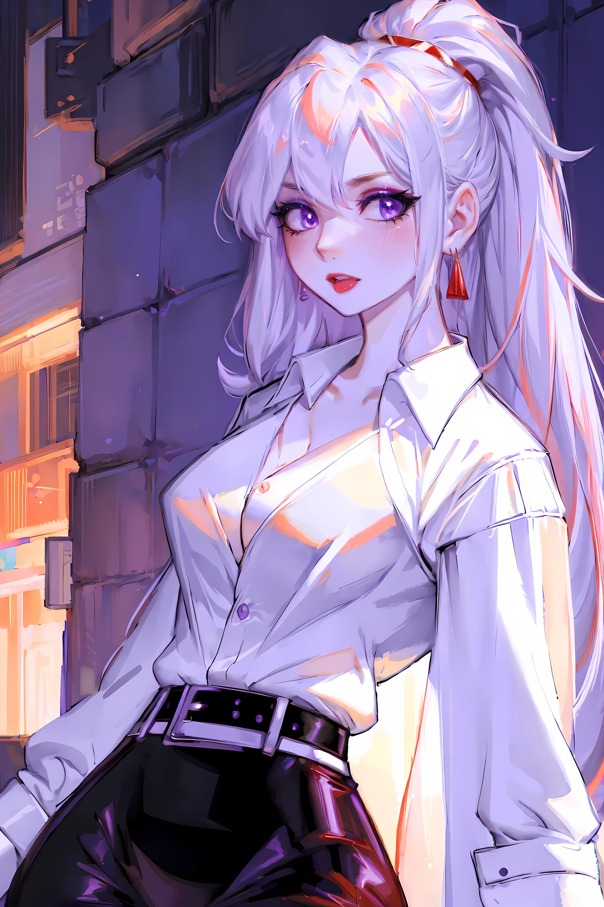 (best quality,high resolution)(business jacket:1.4),(a girl:1.5),elegant photo of a girl in a suit jacket, red lips, lipstick, (perfect eyes:1.4), (White shirt:1.5), silver hair, purple eyes, hapiness, highly refined skin, long eyelashes, black eyeliner, masterpiece, black belt:1.2, White shirt, teardrop earrings, Professional attire:1.2),perfect body proportions