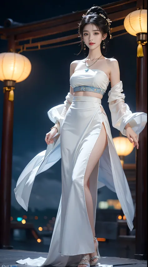 hanfu-song, hanfu, song theme, bandeau, tube top, ((whole body)), ((from below)), ((gufeng,bare shoulders)), ((The skirt is shor...