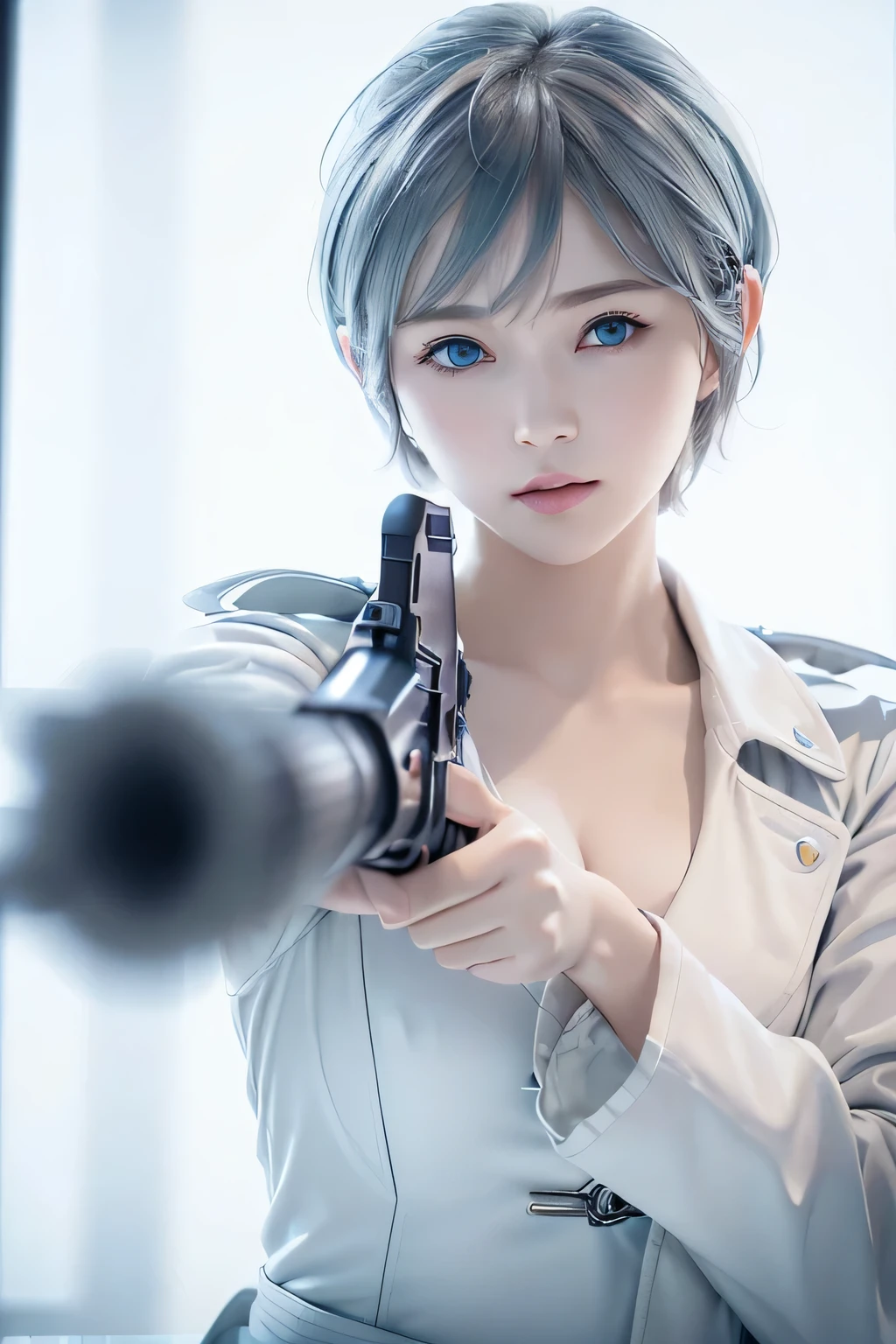 ８ｋ、highest quality, 1 girl, , blue eyes, ((pixie cut)), , , slim、flat body、lonely face、cute、inverted triangle face、 (close up head shot:1.23) 、assassin、with a gun in both hands、Wearing a white fur trench coat closed in the front、(point a gun:1.5)