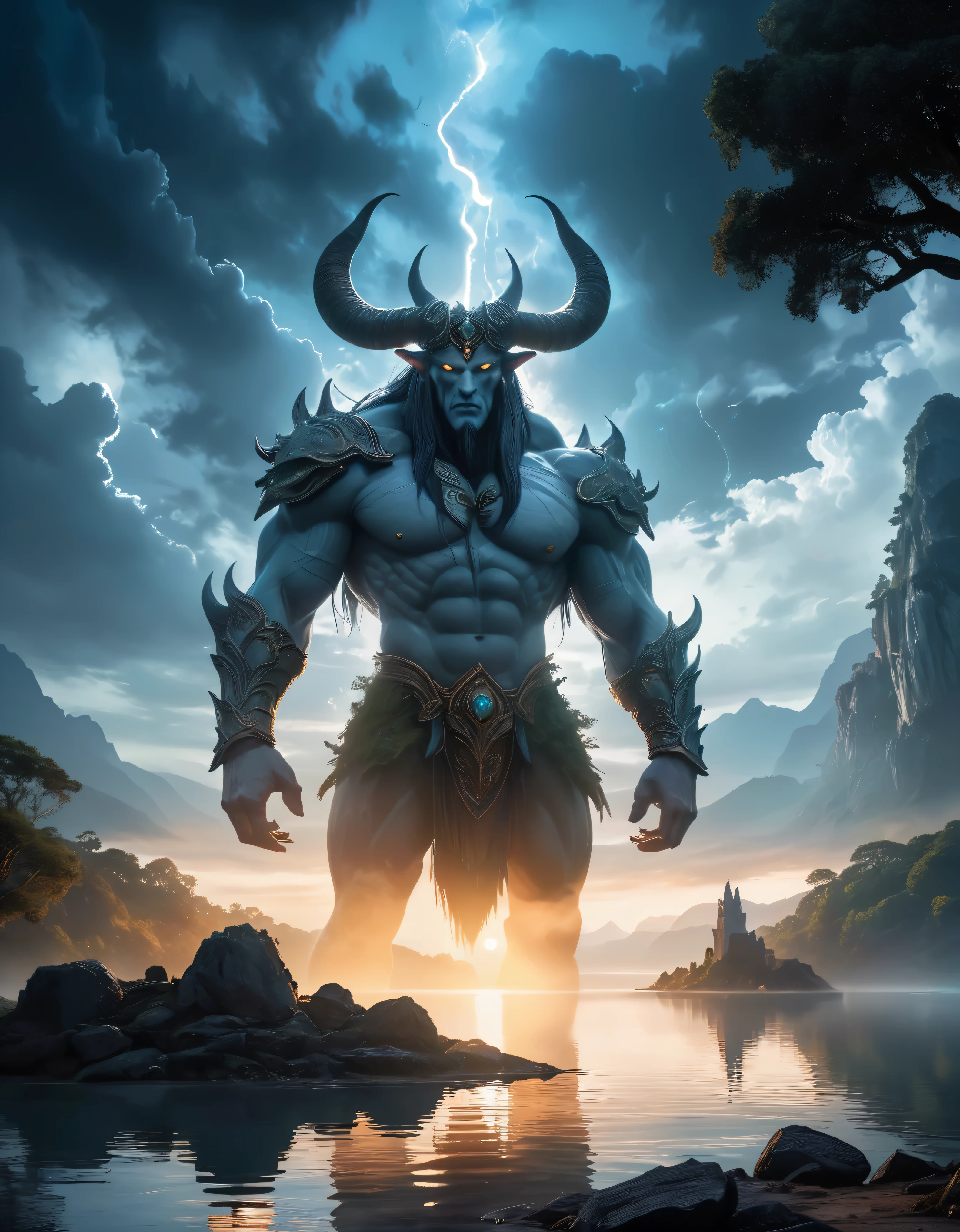 (best quality,4k,highres,masterpiece:1.2),ultra-detailed,realistic:1.37,giant Titan,standing at a lake,mountains,mythical creature,mysterious atmosphere,ancient ruins,enormous size,reflection on the water,towering presence,majestic,awe-inspiring view,fantasy realm,twilight colors,sunlight piercing through clouds,ethereal glow,natural beauty,misty fog,crystal clear water,serene tranquility,ancient trees,mythical creatures in the distance,peaceful silence,magical energy,gentle breeze,imposing figure,majestic horns,granite-like skin,mighty strength,deep wrinkles,wisdom of ages,timeless existence,mythical guardian,dark,ominous clouds,sublime power,illuminated by moonlight,luminous eyes,hidden secrets,distant echoes.