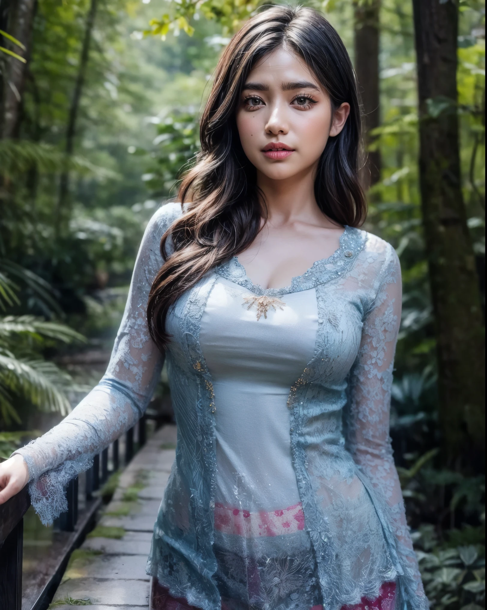 Create a photorealistic masterpiece of a beautiful woman with long hair wearing traditional Indonesian kebaya attire. Set her against a dark, forest backdrop with a captivating glow in the background and bokeh effect. Ensure the image quality is 8K with ultra-realistic details.,kebaya,kebaya indonesia