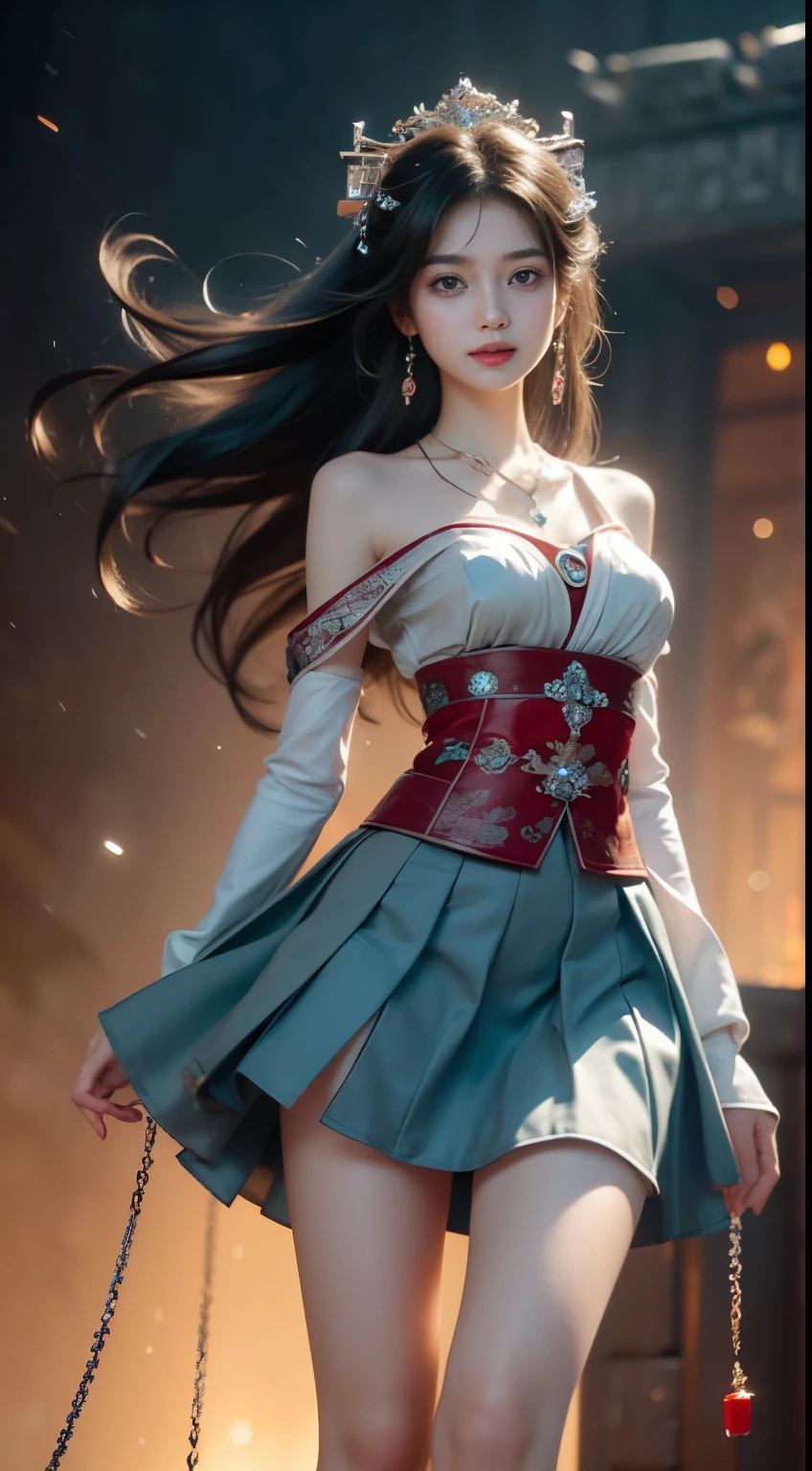  ((whole body)), ((from below)), ((gufeng,bare shoulders)), ((The skirt is short)),((Leaking beautiful legs)), clear face, pretty face, 8k, masterpiece, original photo, best quality, detail:1.2,lifelike, detail, Very detailed, CG, unity, wallpaper, depth of field, movie light, lens flare, Ray tracing, (extremely beautiful face, beautiful lips, beautiful eyes), complicated, detail的脸, ((ultra detailed skin)), 1 girl, in the darkness, deep shadow, beautiful korean girl, kpop idol,(Very slim figure:1.3), plump breasts, Slender sexy legs, elegant posture, (bright smile), (City night, (neon lights), (night), beautiful korean girl, white diamond earrings, diameter bracelet, Dia Necklace, clear eyes, facing forward, (big eyes)