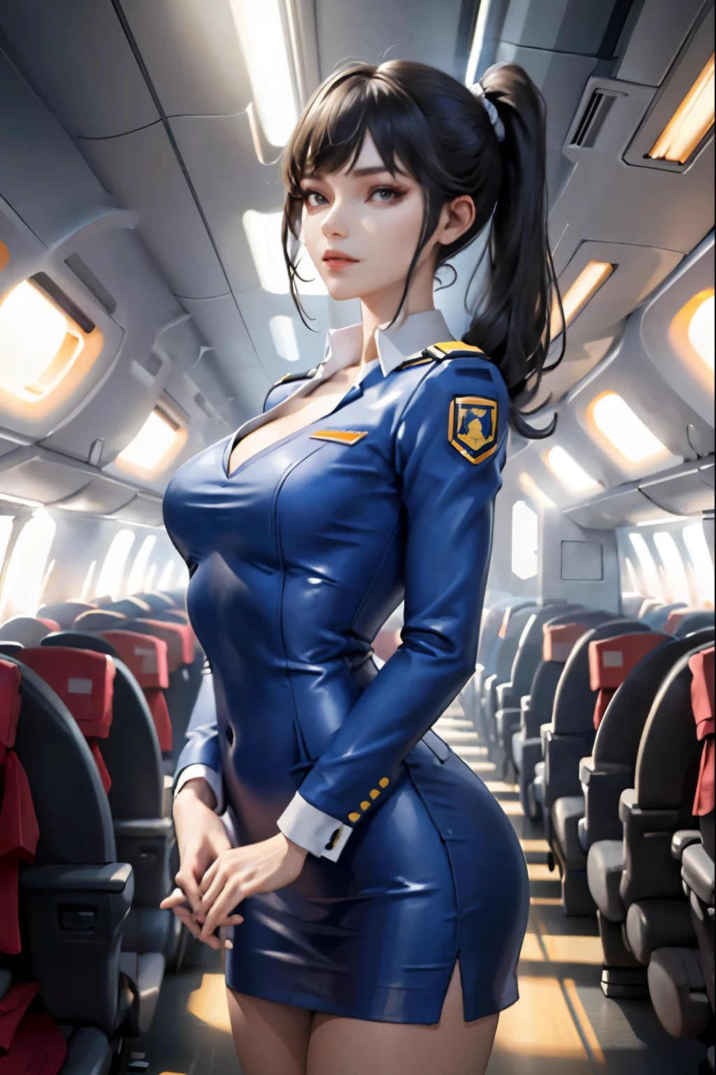 (masterpiece:1.2, highest quality), 1 female, alone, flight attendant, tight uniform, perfect hands, plane, Services for passengers, Providing safety precautions, Emergency response, bangs, (shiny skin:1.15),