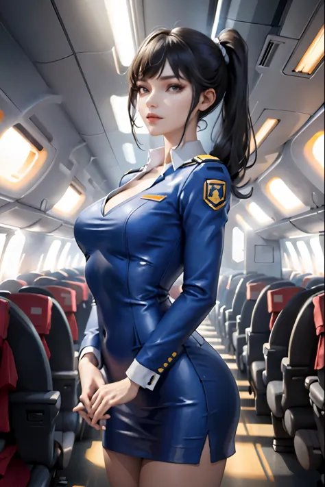 (masterpiece:1.2, highest quality), 1 female, alone, flight attendant, tight uniform, perfect hands, plane, services for passeng...