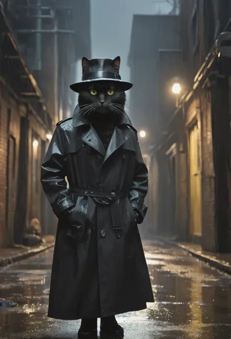 high resolution, high quality, masterpiece.anthropomorphic cat wearing a trench coat and hat, black style, dark back alley, cine...