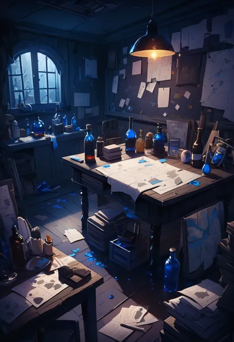 messy table，Hand drawn style，The blackboard is covered with clues and maps，Just a bottle of blue potion，，The picture is dark，In ...