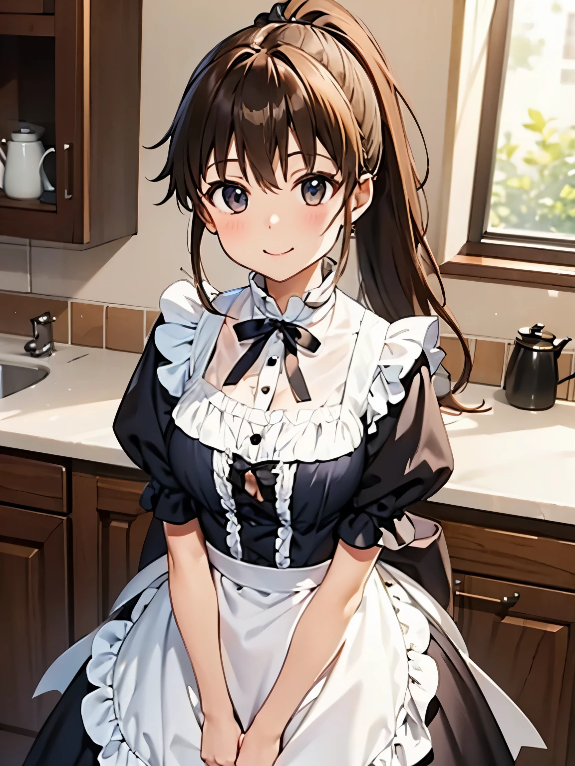 Anime character in maid outfit standing in kitchen with sink and window -  SeaArt AI