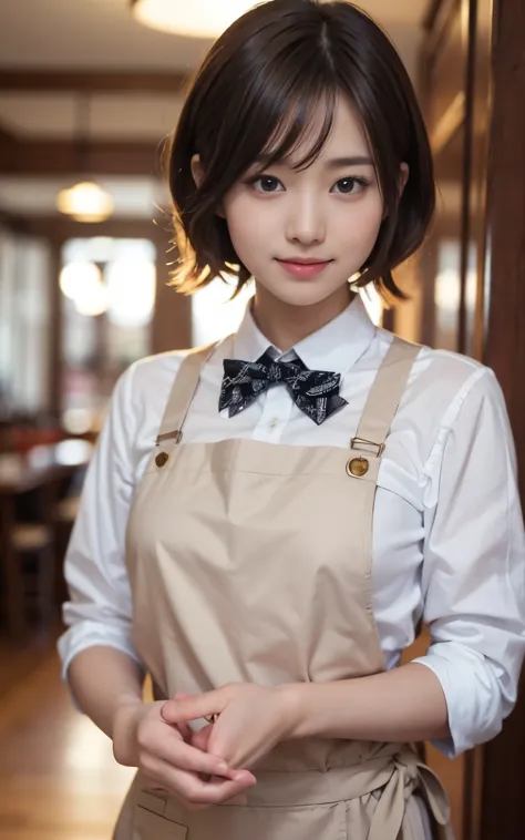 cute 21 year old japanese、apron, black bow tie、Waiter、Cafe、super detail face、pay attention to details、double eyelid、beautiful th...