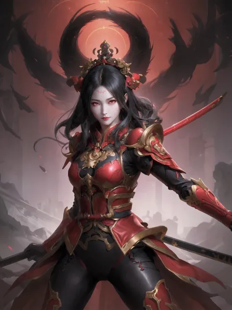 A beautiful black haired chinese girl "holding a katana", wearing ebonheart dark red battle armor. cinematic, dreamlike, perfect...