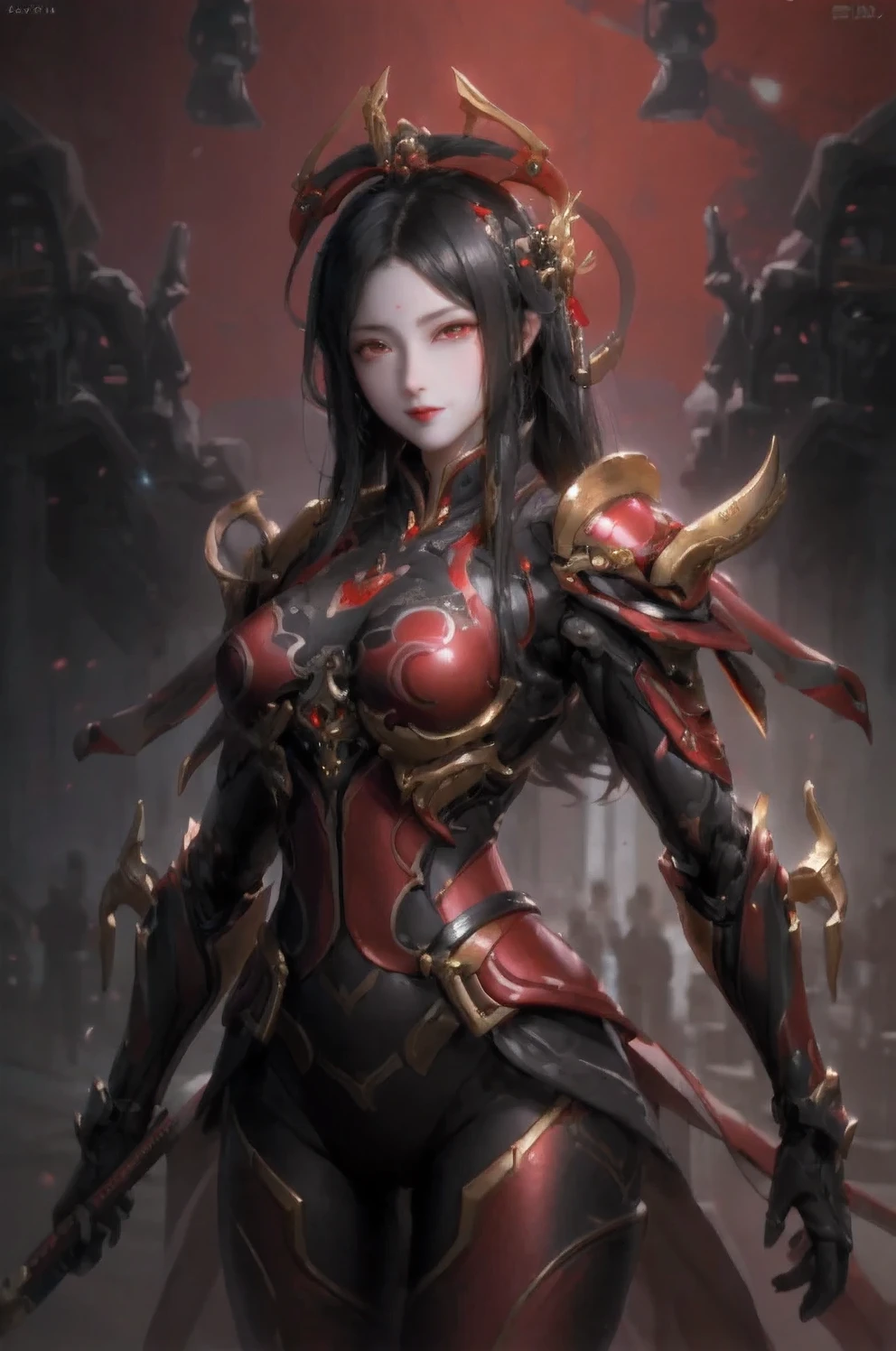 A beautiful black haired chinese girl "holding a katana", wearing ebonheart dark red battle armor. cinematic, dreamlike, perfect anatomy, good proportions, perfect body, elegant pose, intricate details, detailed face, detailed eyes, red lipstick, highlights in hair, highly detailed, elegant style pose, terada katsuya,