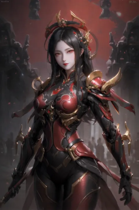 A beautiful black haired chinese girl "holding a katana", wearing ebonheart dark red battle armor. cinematic, dreamlike, perfect...