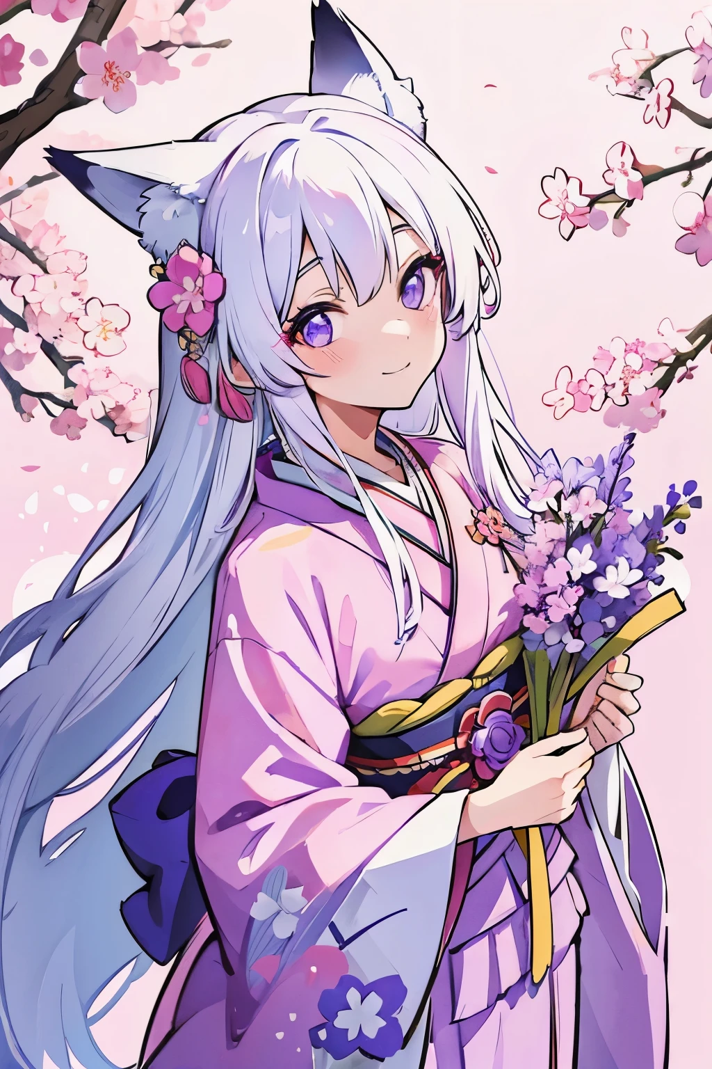 girl with long white hair with fox ears wearing purple pink kimono, furisode, holding a bouquet of sakura flowers. Upwards camera angle, smiling sweetly. holding flowers. blue eyes. best quality, high resolution. front facing, looking at the camera