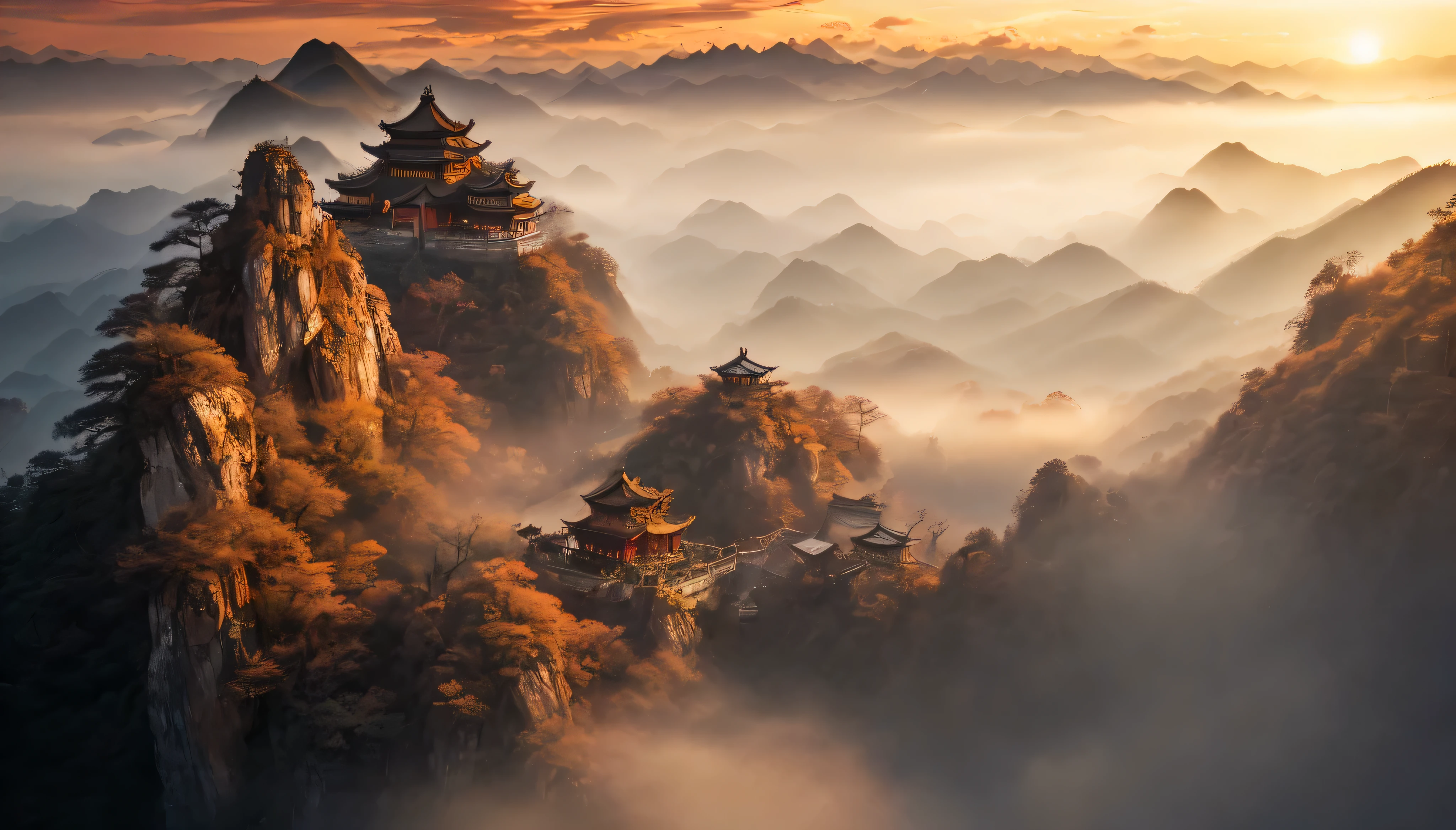 Scenery photography，Stunning Chinese scenery，Dream，This is，There is a temple halfway up the mountain，tree，cloud，fine details，Stunning sunset light and shadow，glow，prime time，Shot by Fujifilm camera，ultra wide angle lens，advanced color scheme，8k,raw.National Geographic Photos，Award-winning works