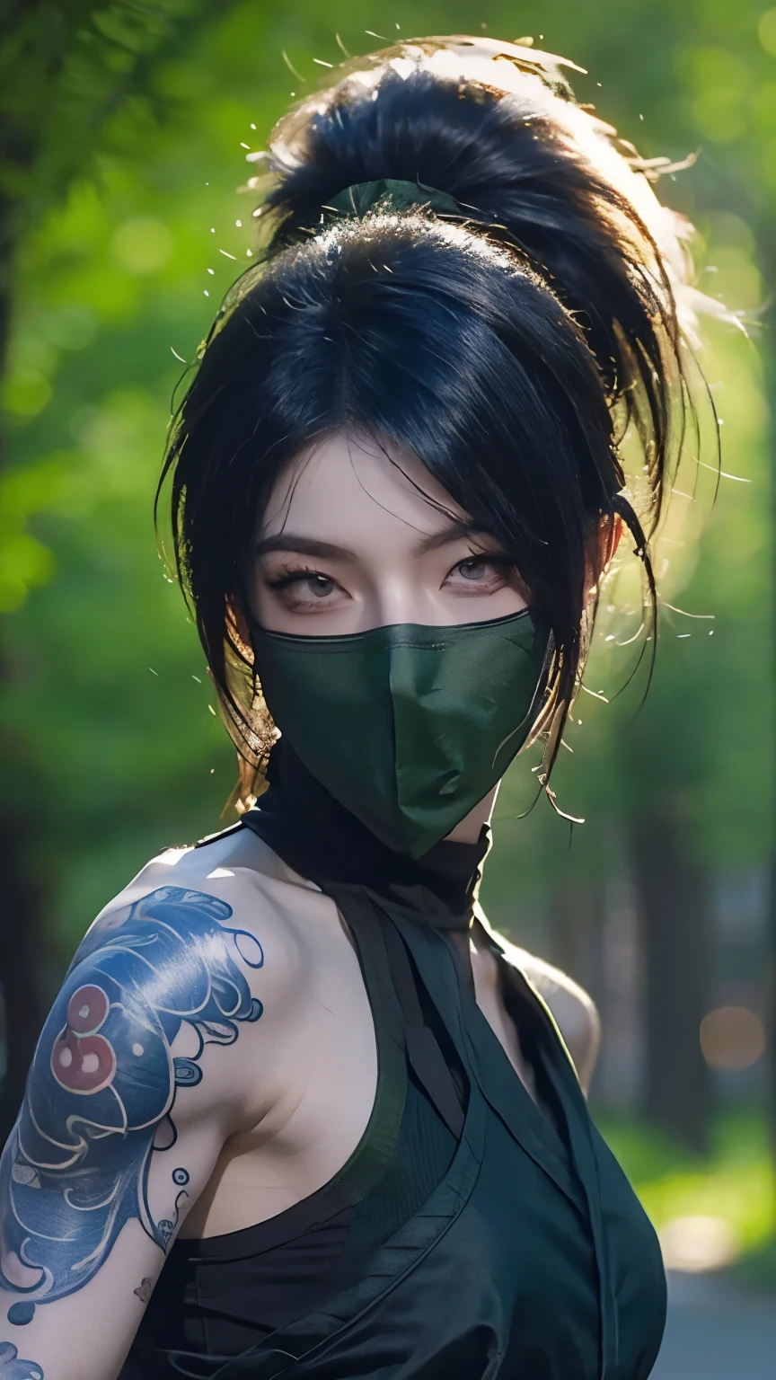 英雄联盟阿卡莉的肩膀蒙面纹身，一个人，墙纸，森林背景，游戏角色设计，高马尾，超强光感，女忍者。