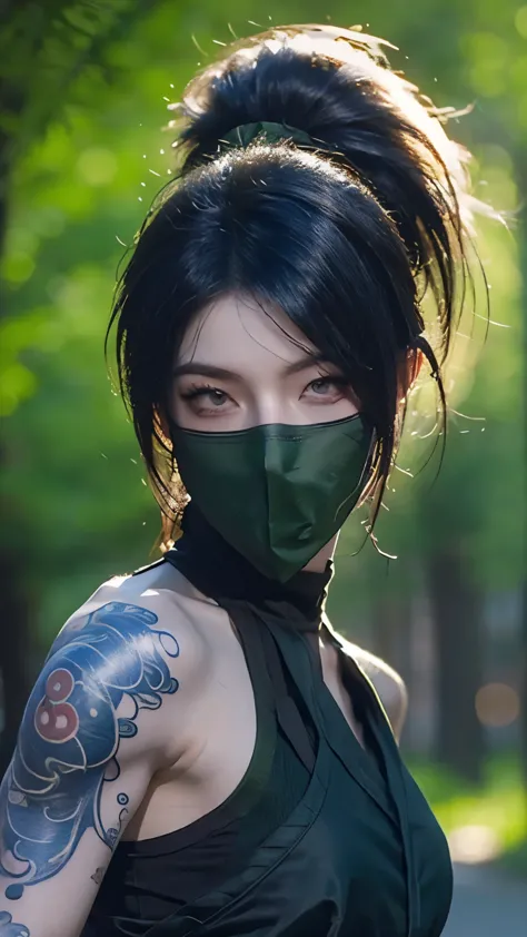 Akali masked shoulder tattoo in League of Legends，one person，wallpaper，Background in the forest，Game character design，high ponyt...