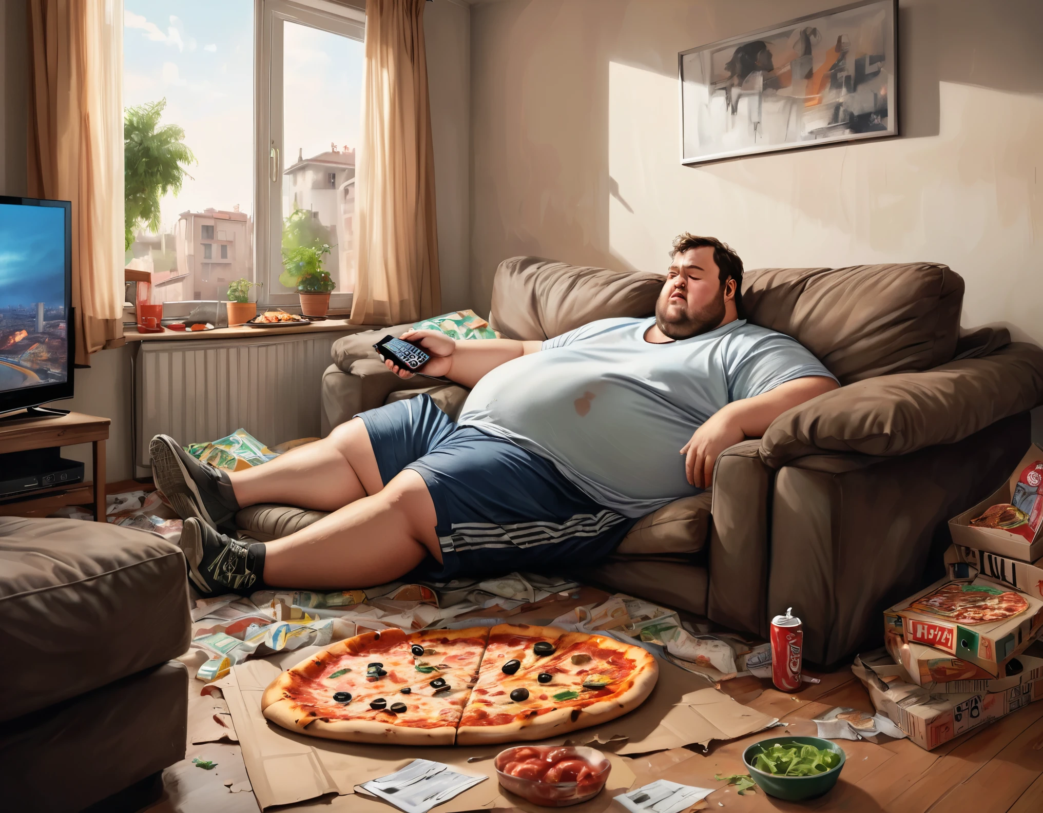 Arafed man laying on a couch with a pizza on the floor - SeaArt AI