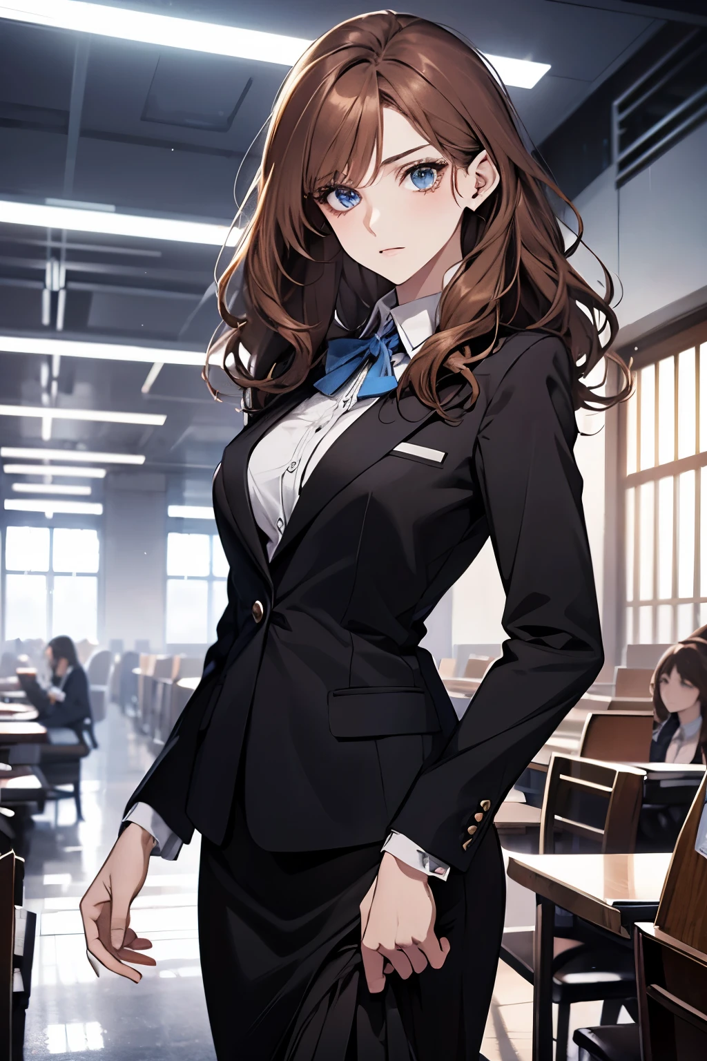 (disorganized, High resolution, super detailed), 1 female, adult,beautiful, light blue eyes, brown hair, wavy medium hair,suit,secretary,adult woman,30 generations,Quiet,Slender,pale,Are thin,グレーのsuit,Have a binder,skirt