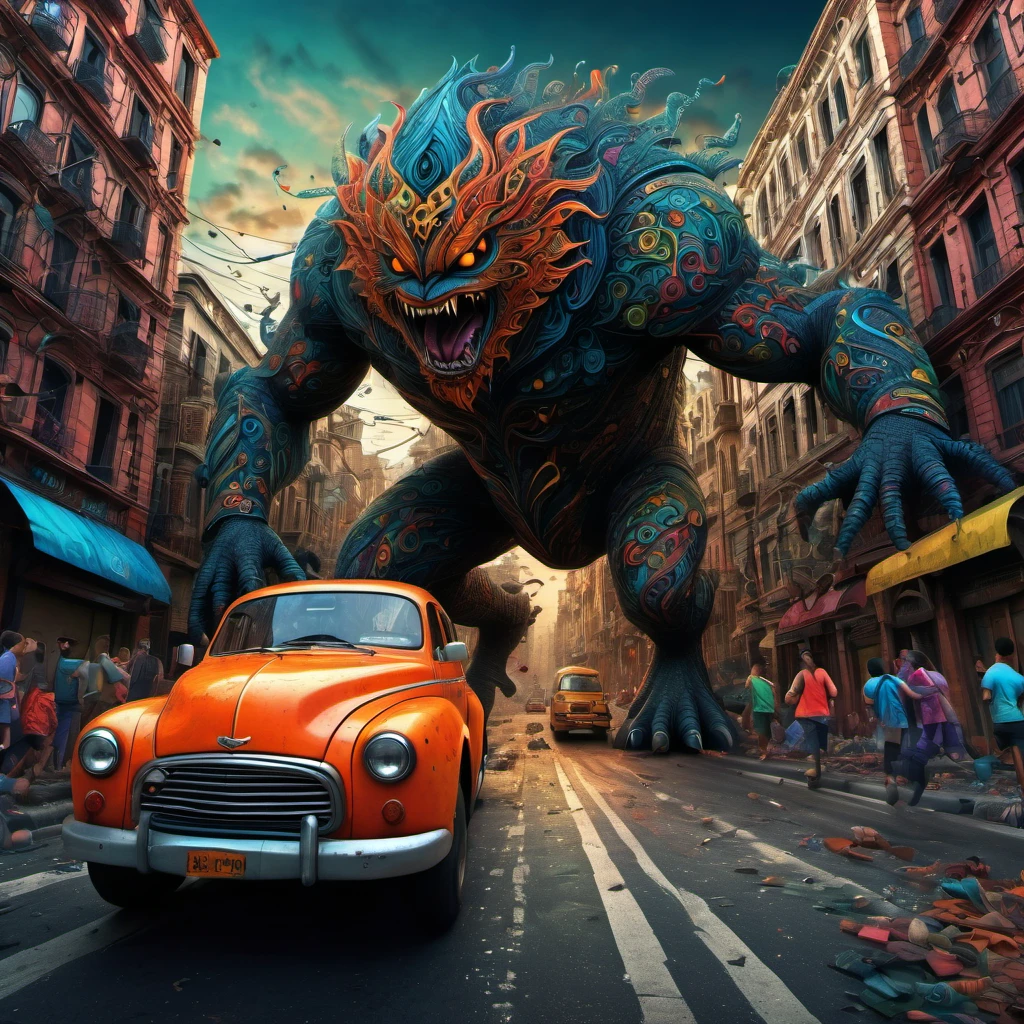 (best quality, highres, ultra sharp), magical ,giant creature of the dark, extreme bigger than buildings, breaking buildings and cars, in the street next a city, zentangle, full colored, 3d crunch, realistic feeling, terrorific scene, people running, panic, cars, buses, dark tones,