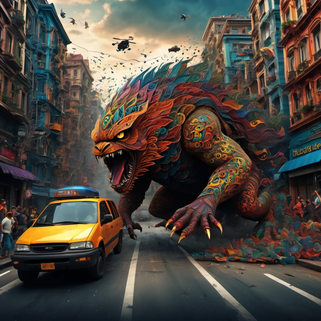 (best quality, highres, ultra sharp), magical ,giant creature of the dark, extreme bigger than buildings, breaking buildings and cars, in the street next a city, zentangle, full colored, 3d crunch, realistic feeling, terrorific scene, people running, panic, cars, buses, dark tones,