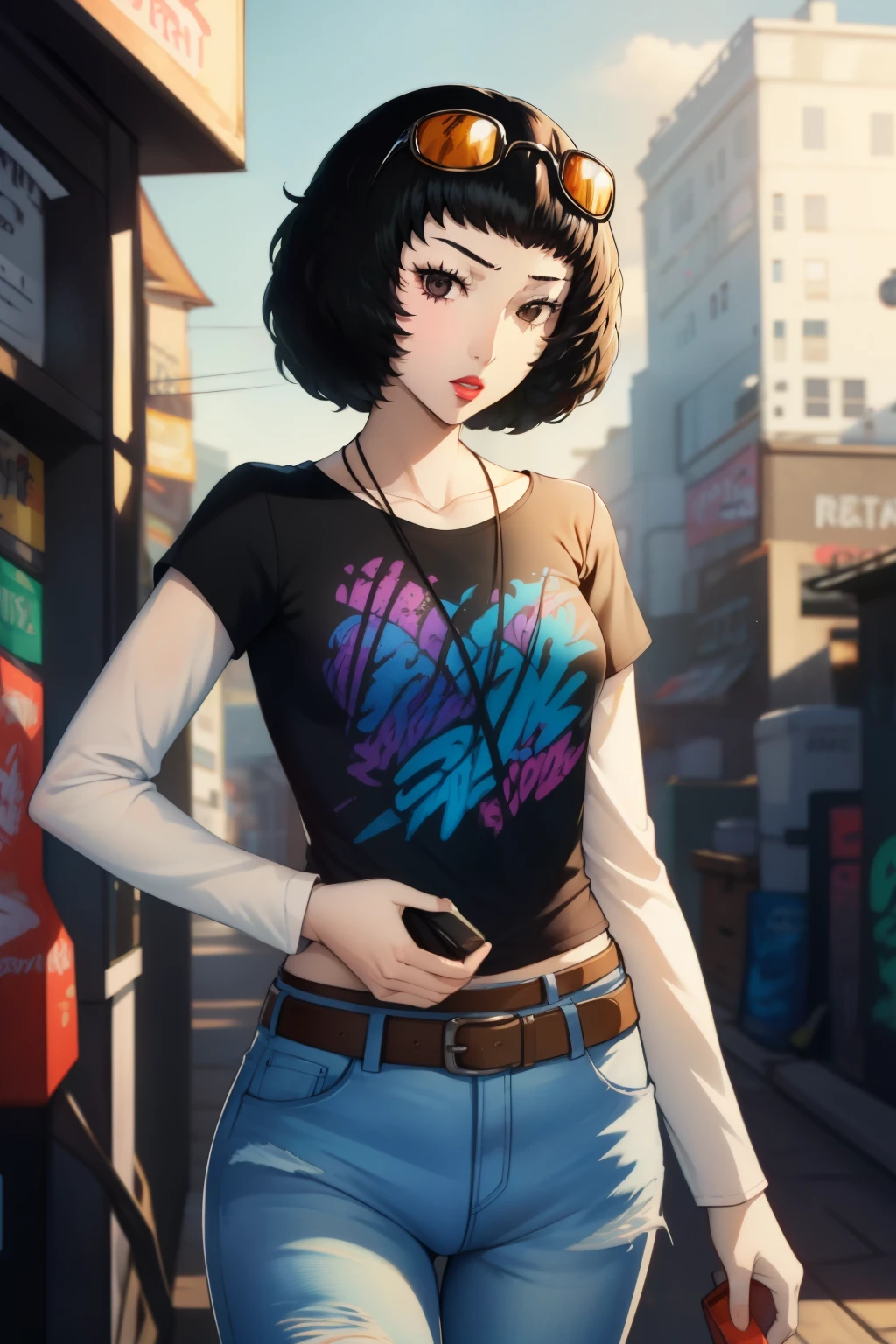 sadyokawakami, 1fille, seulement, debout, T-shirt noir, chemise blanche, Blue Jeans, ceinture, rouge à lèvres, lunettes sur la tête,
