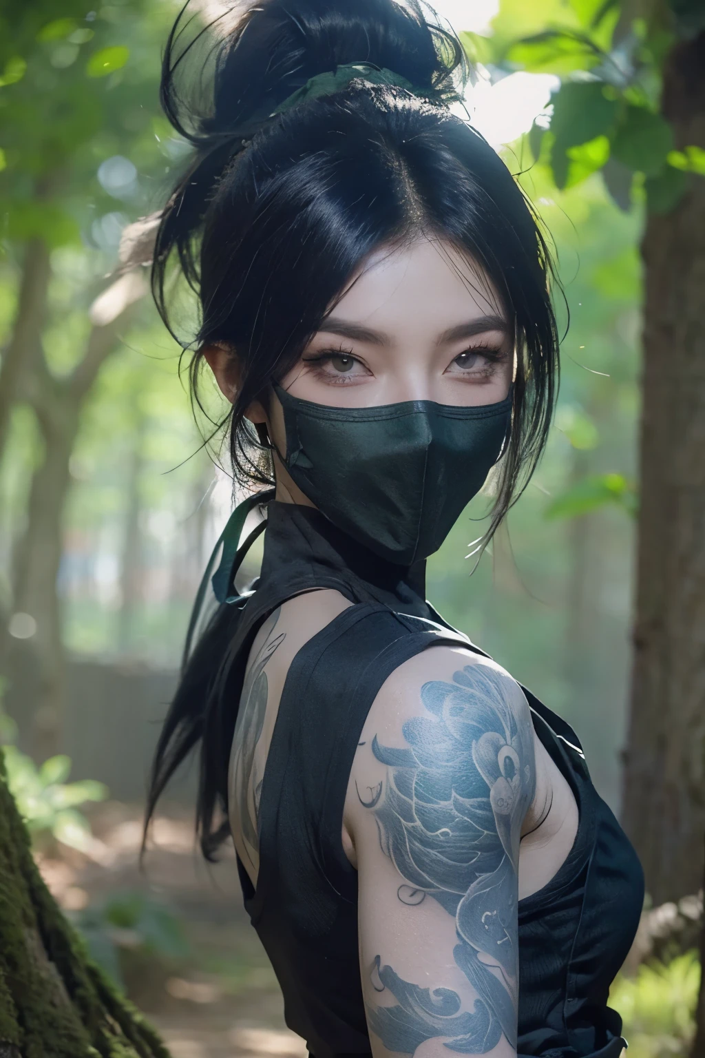 Akali maskiertes Schultertattoo in League of Legends，eine Person，HINTERGRUND，Hintergrund im Wald，Spielcharakter-Design，hoher Pferdeschwanz，Super Lichtsinn，Weiblicher Ninja。