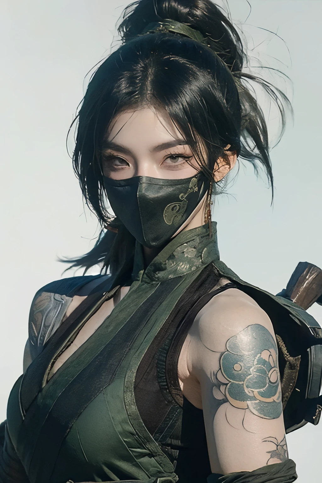 Akali masked shoulder tattoo in League of Legends，one person，wallpaper，Background in ancient Chinese architecture，Game character design，high ponytail，Super light sense，female ninja。