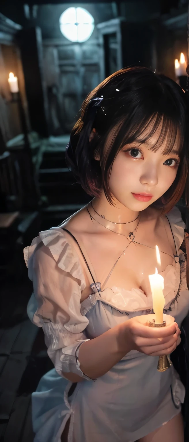 Candle covered horror idol、whole body、good style、、、、、Candle-covered tight mini dress、full of candles、glowing haunted house、candle hair