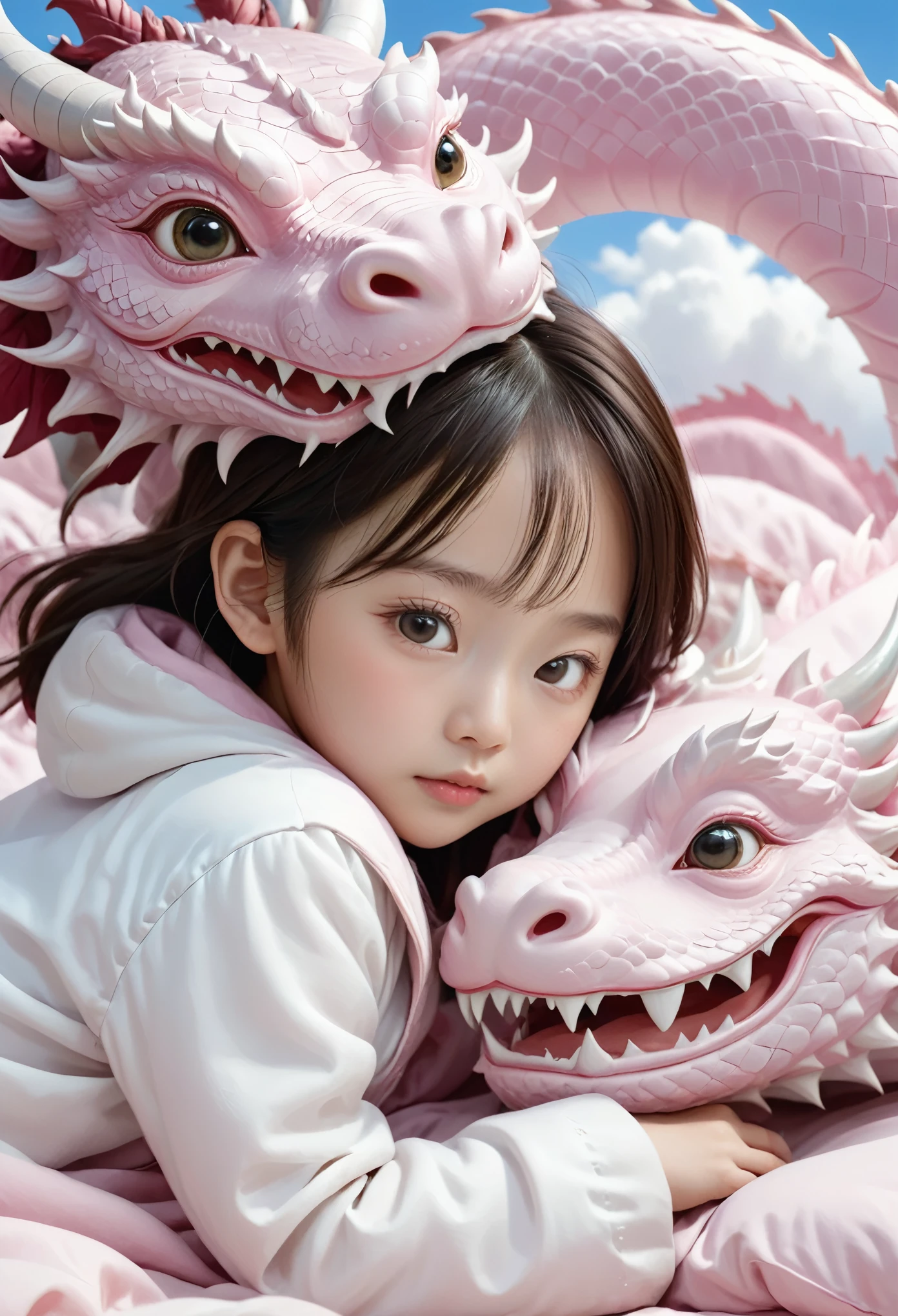 Joven asiática con dragones por Ann Luo Blog, Una niña china de dos años,Encantador, cara redonda,Dormí en una cama de dragón rosa., una pintura fotorrealista de Ju Lian, ganador del concurso de contraventanas, Arte De Fantasía, un dragón hecho de nubes, fantasía china, yacer en las nubes blancas país de las hadas，Fotografía, estilo cinematográfico, Detalles intrincados y refinados, alta calidad，chica japonesa，resolución 8k, ilustraciones de fantasía, de cerca, Ilustraciones de edad de oro