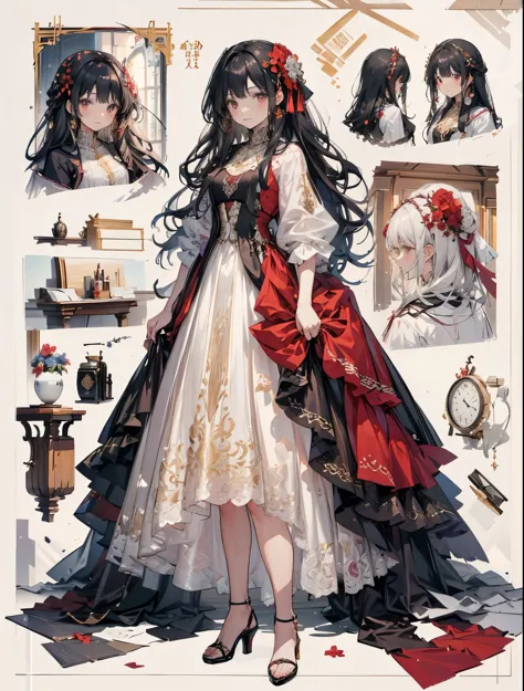 a woman dressed in red with long black hair and long gown with flowers, 1girl, dress, black hair, flower, hair ornament, long hair, hair flower, high heels, full body, jewelry, looking at viewer
