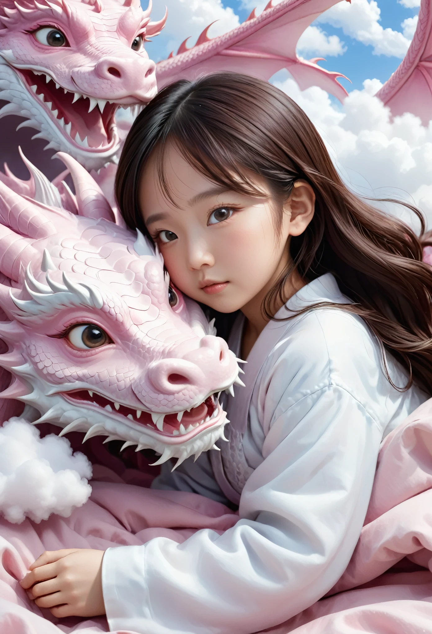 Junges asiatisches Mädchen mit Drachen von Ann Luo Blog, Ein zweijähriges chinesisches Mädchen,Schön, Gesicht rund, lange Haare, Auf einem rosa Drachenbett geschlafen, ein fotorealistisches Gemälde von Ju Lian, Gewinner des Shutterstock-Wettbewerbs, Fantasy-Kunst, ein Drache aus Wolken, chinesische fantasie, liegen auf weißen Wolken Märchenland，Kamerabild, Filmstil, Aufwendige und raffinierte Details, hohe Qualität，japanisches Mädchen，8k Auflösung, Fantasy-Illustrationen, Nahaufnahme, Illustrationen des Goldenen Zeitalters