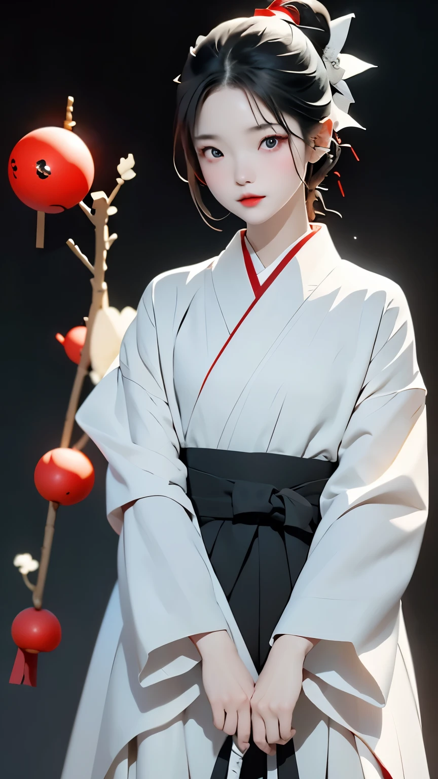 highest quality、masterpiece、1 girl、black background、black background、whole body angle、White and black hakama、in the same way、Are standing、black background、gray hair:1.5、red eyes、red lips、white clothes、Black and white world、Black and white world、pale skin、side blade