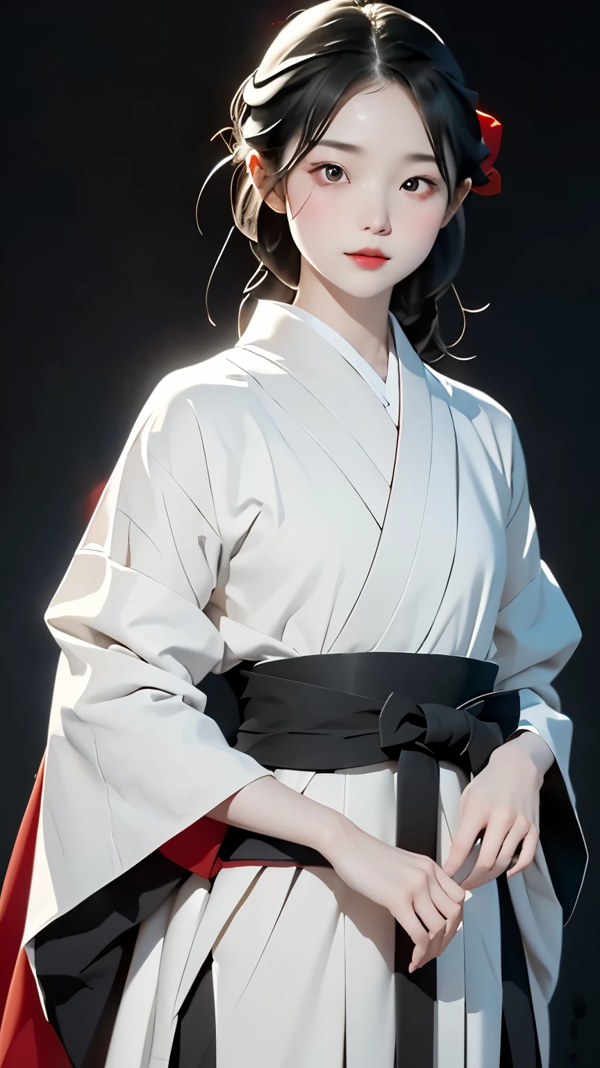 highest quality、masterpiece、1 girl、black background、black background、whole body angle、White and black hakama、in the same way、Are standing、black background、gray hair:1.5、red eyes、red lips、white clothes、Black and white world、Black and white world、pale skin、side blade