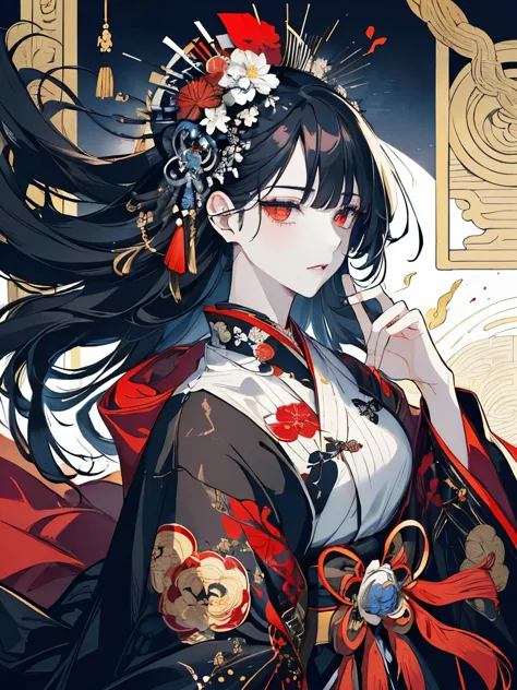 (masterpiece, top quality, best quality, official art, beautiful), Extreme Detail, female, black and white hair, long length, re...
