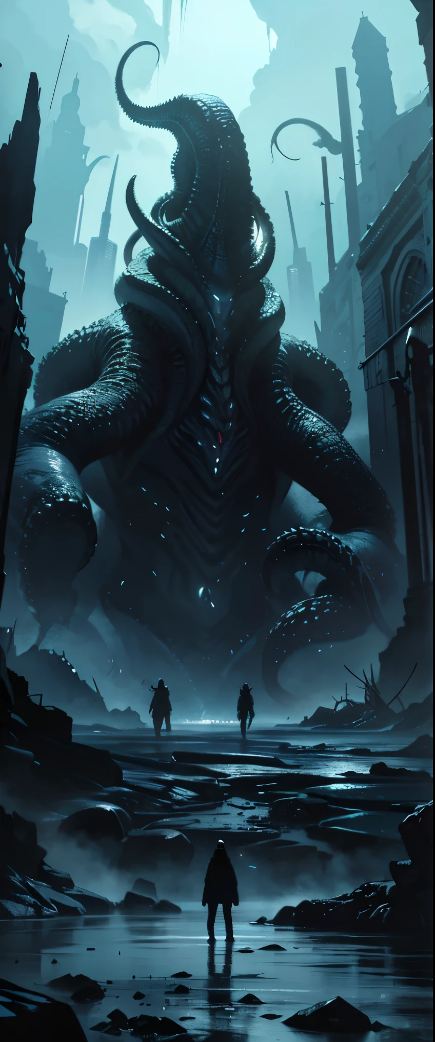 ((masterpiece, highest quality, Highest image quality, High resolution, photorealistic, Raw photo, 8K)), people taking pictures of a giant creature with their cell phones, lovecraftian background, lovecraftian atmosphere, giant cthulhu, huge creature, gigantic cthulhu, giant ethereal creature, eldritch being, lovecraftian monster, giant tentacles, an ominous fantasy illustration, looming creature with a long, nyarlathotep, lovecraftian landscape, 