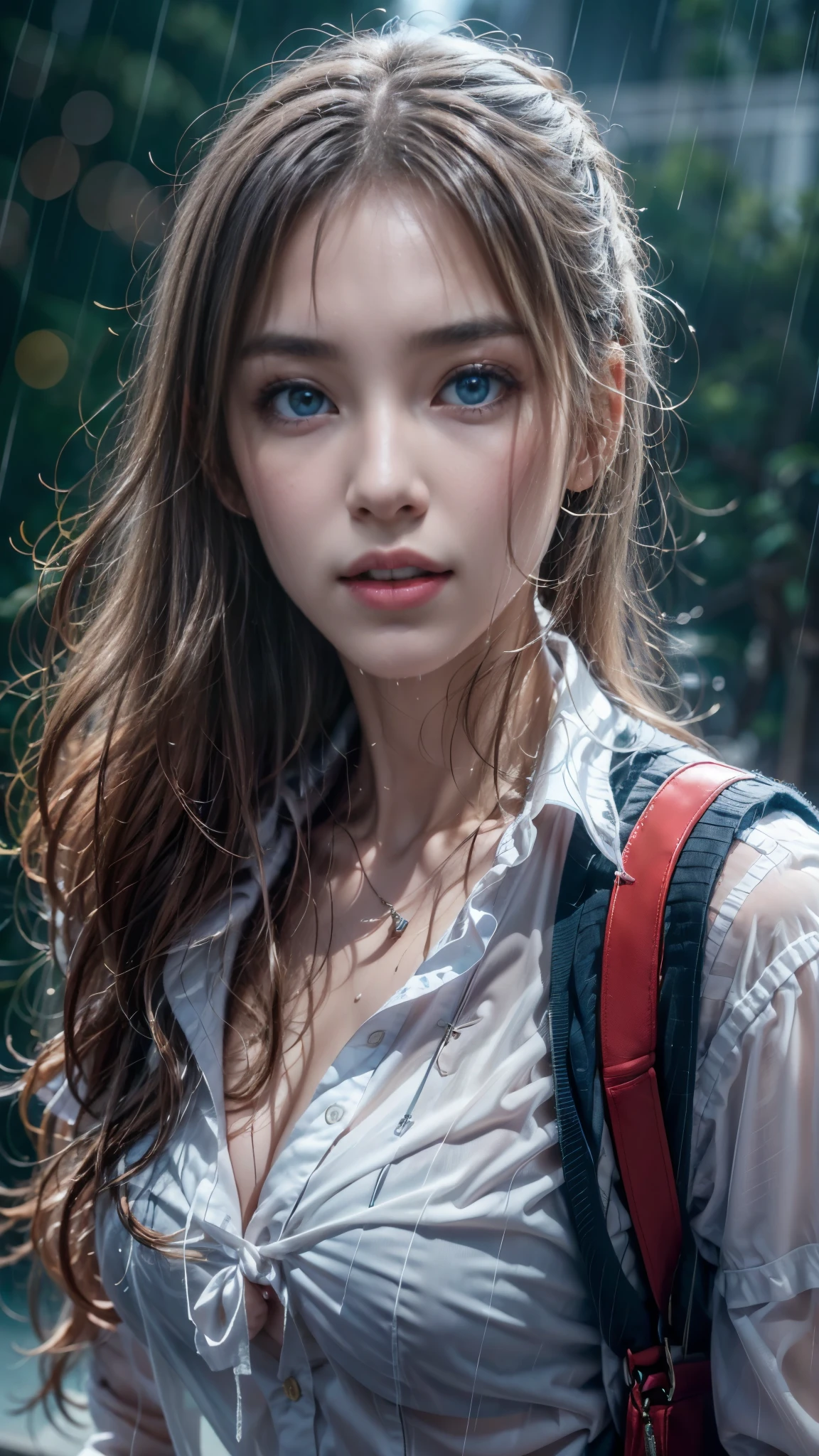 (RAW shooting, Photoreal:1.5, 8k, highest quality, masterpiece, ultra high resolution), perfect dynamic composition:1.2, street corner at night, look up at the sky:1.3, (((Typhoon heavy rain))), Highly detailed skin and facial textures:1.2, Slim high school girl wet in the rain:1.3, sexy beauty:1.1, perfect style:1.2, beautiful and aesthetic:1.1, Fair skin, very beautiful face, water droplets on the skin, (rain drips all over my body:1.2, wet body, wet hair:1.4, wet uniform:1.3), (Medium chest, Bra see-through, Chest gap), (embarrassing smile, The expression on your face when you feel intense caress, Facial expression when feeling pleasure), (beautiful blue eyes, Eyes that feel beautiful eros:0.8), (Too erotic:0.9, Bewitching:0.9), cowboy shot, student bag