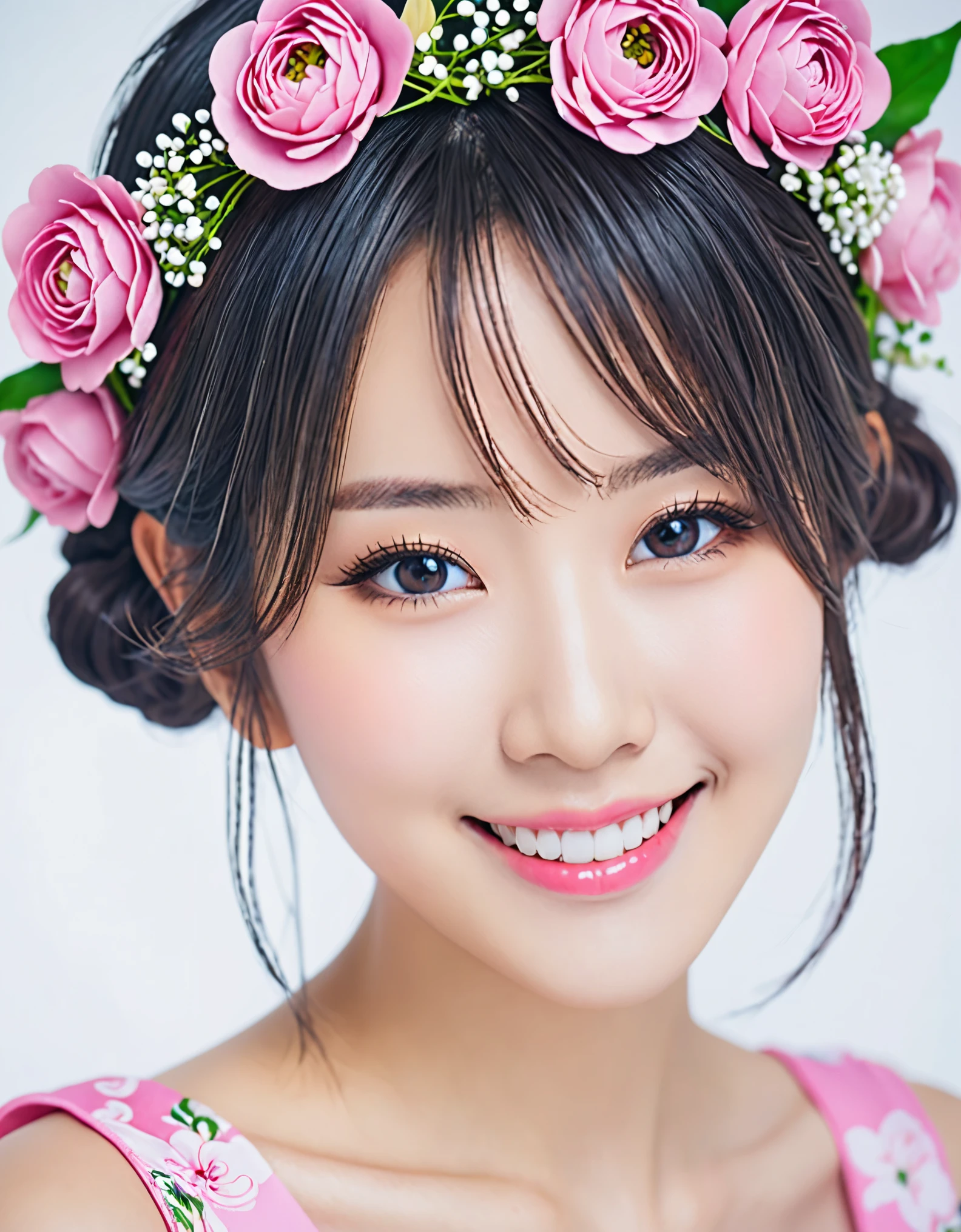 a close up of a woman in a pink dress with a flower crown on her head, anime girl in real life, cute seductive smile, beautiful asian girl, attractive anime girl, anime thai girl, young and cute girl, seductive anime girl, realistic young gravure idol, beautiful alluring anime teen, japanese model, beautiful japanese girls face, friendly seductive smile, japanese goddess