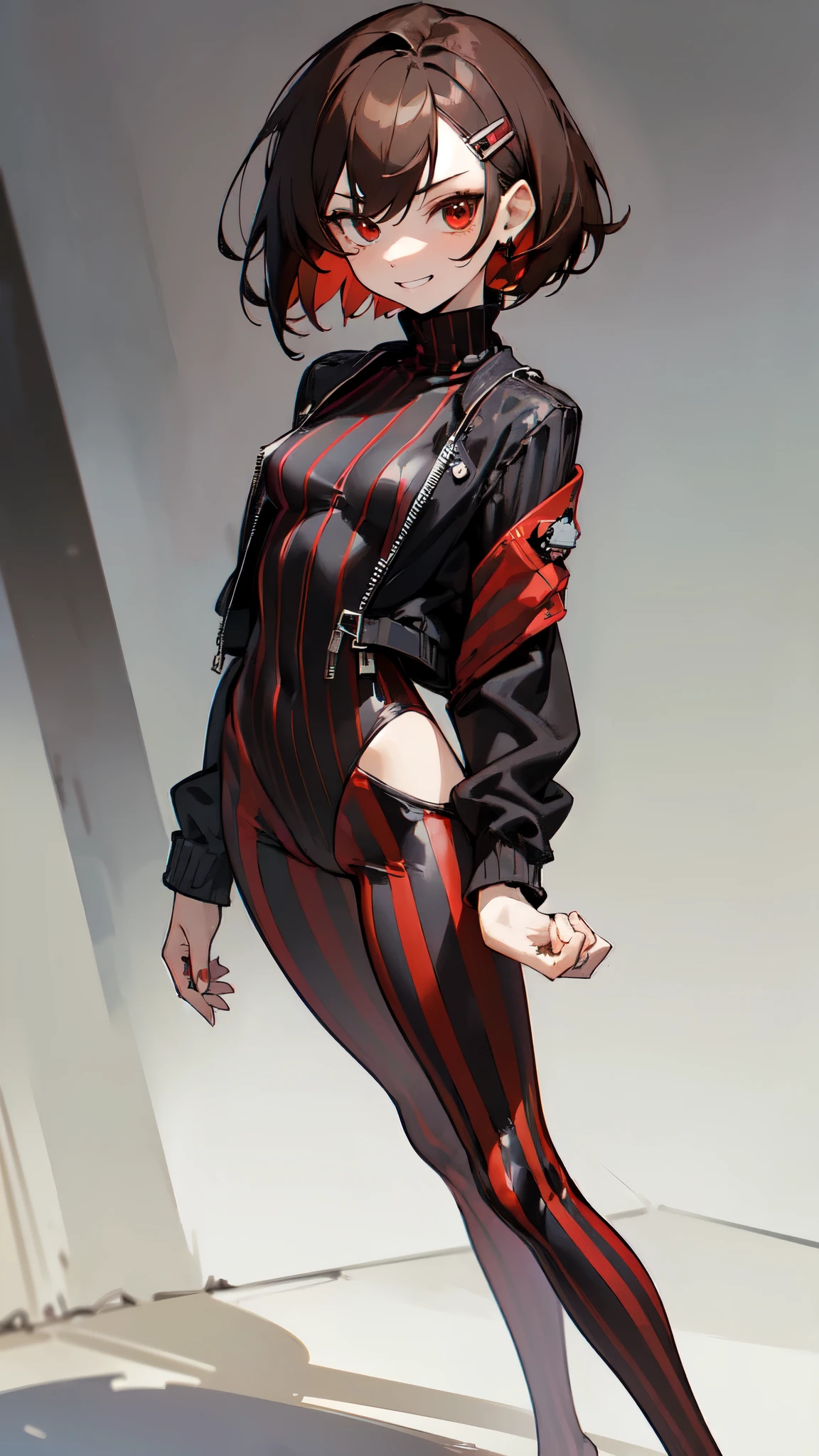 (masterpiece, sidelighting, finely detailed red eyes: 1.2), ((best quality)), ((masterpiece)), (highly detailed:1.3), anime, young girl, , childish body, ((black striped unitard)), turtleneck, open jacket with long sleeves, body tight shorts, pale skin, (shadowed eyes, darkened eyes), (smirk, mischevious grin), (short-medium hair, brown hair, messy haircut, hair between eyes, hairclips on left side), ((red tights with black vertical stripes)), earrings, red tatto on left hand, hands behind back, scar on left hip, solo, 1girl, walking down the street,