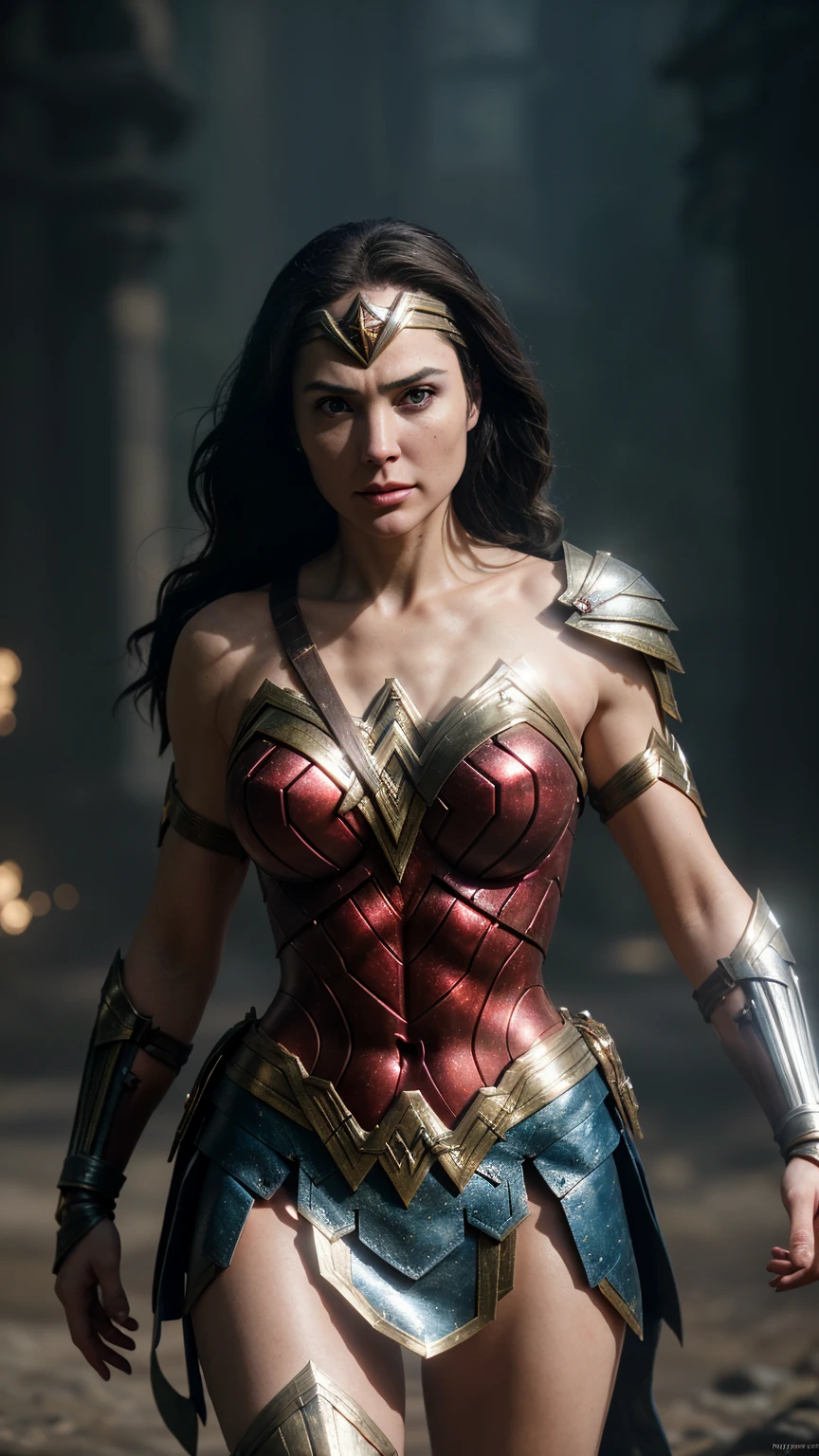 Wonder Woman, wearing battle-worn armor, scratches, dents, holes, blood and dirt, determined expression, cinematic, hyperrealistic, octane render, artstation, trending on artstation, concept art, 8k, unreal engine 5, photorealistic, ray tracing, detailed face, sharp focus, cinematic lighting, dynamic pose, action shot, fighting pose, golden ratio, rule of thirds, perfect composition, award winning, masterpiece.
