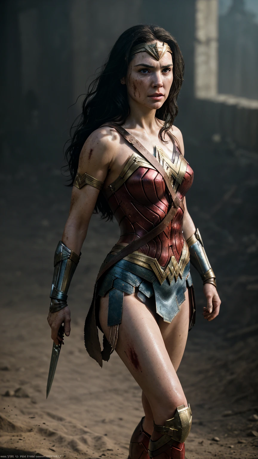 Wonder Woman, wearing battle-worn armor, scratches, dents, holes, blood and dirt, determined expression, cinematic, hyperrealistic, octane render, artstation, trending on artstation, concept art, 8k, unreal engine 5, photorealistic, ray tracing, detailed face, sharp focus, cinematic lighting, dynamic pose, action shot, fighting pose, golden ratio, rule of thirds, perfect composition, award winning, masterpiece.
