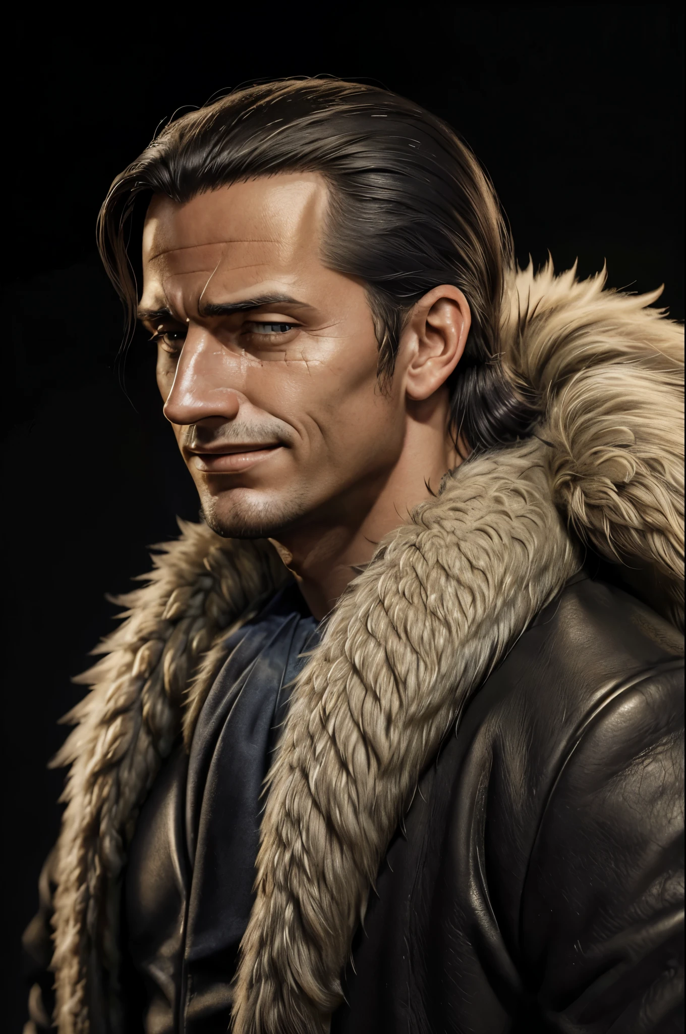 masterpiece, best quality, extremely detailed, hyperrealistic, photorealistic, a cool 40s man, ultra detailed face:1.1, fur-trimmed coat, scarf around the neck, close up shot, from side, black background, sly smile 