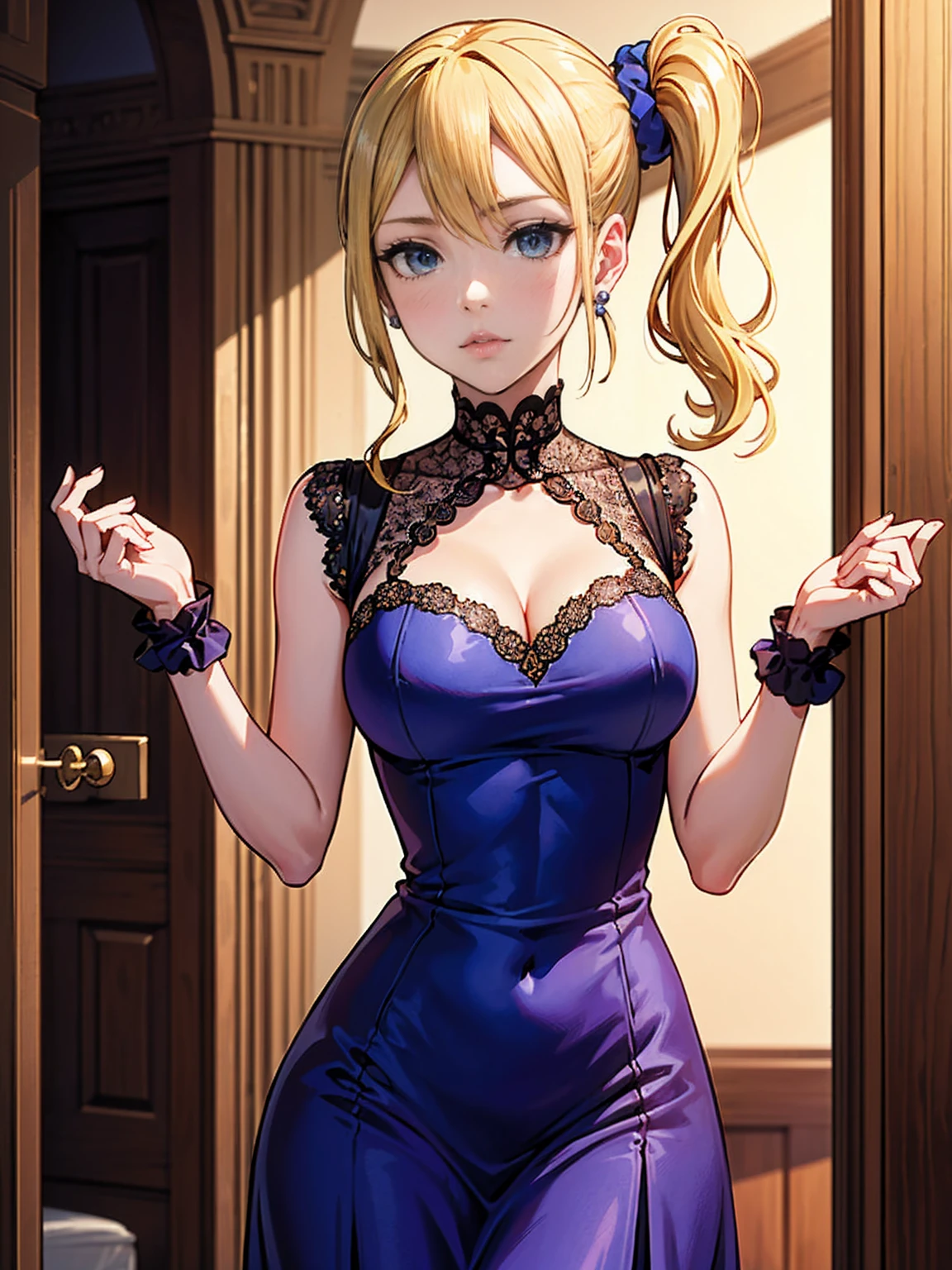 ((1girl, solo, alone, ai hayasaka, bangs, blue eyes, blonde hair, hair ornament, sidelocks, side ponytail, scrunchie, hair scrunchie, blue scrunchie)), Virginia Otis in a victorian sexy dress, cancan, she holds the edge of the dress with both hands, lifting it slightly, hallways of a castle vibrations, iridescence/opalescence, shine, sexy pose, sexy dress, shadows, (background highly detailed: 1.2), She wears a modest but elegant white summer Victorian dress, aDorned with subtle lace accents. A pair of classic pearl earrings graze your delicate ears