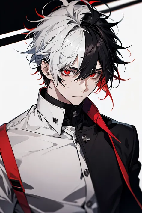 Solo, male, White shirt, red eyes , straight facial , messy hair , short Length hair , Multicolored hair, black and white hair ,...