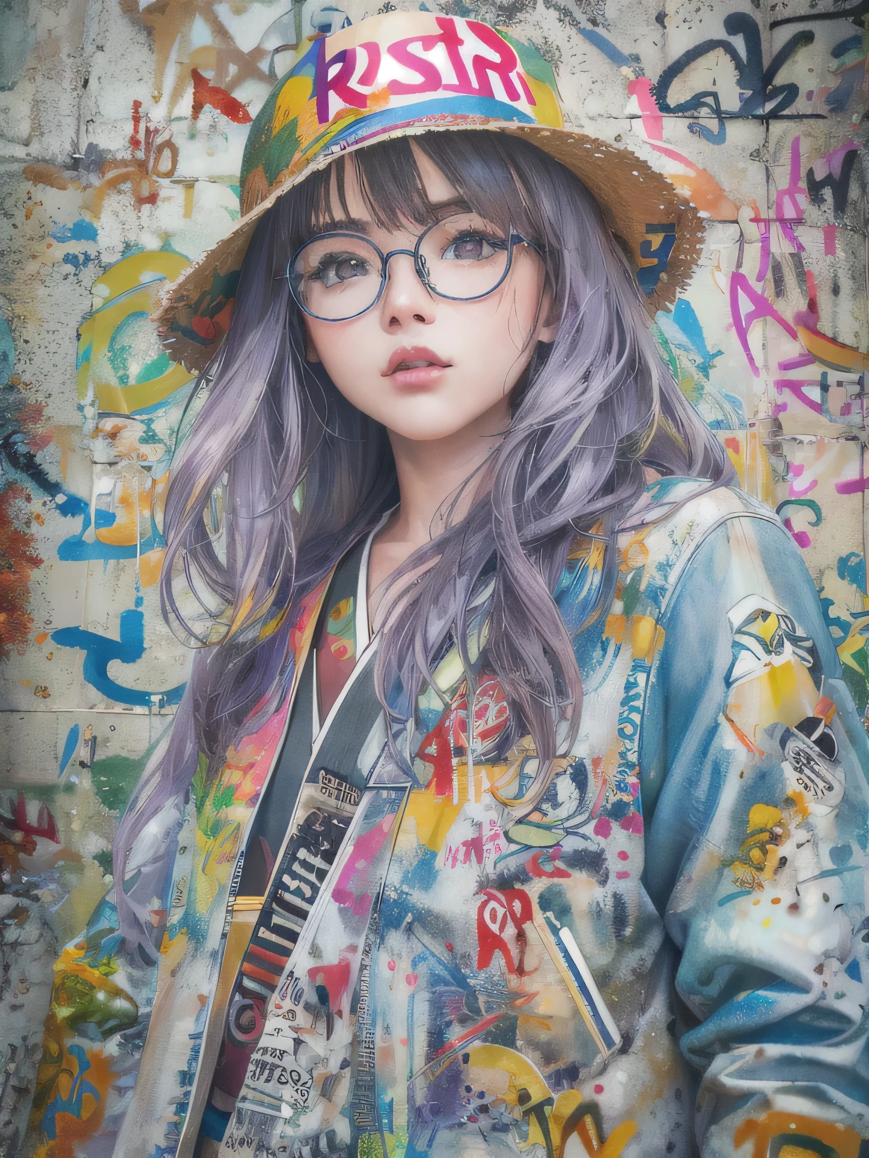 8K quality, watercolor painting, stylish design, (((The strongest beautiful girl of all time))), (((Japanese))、AKB48、clear, stylish glasses, Fashionable hats, (((highest quality))), bob hair, put your hand on the wall, HDR, ((Detailed details)), stylish fashion, detailed clothing texture, (((graffiti art))), colorful hair, ((masterpiece))、((Super detailed))