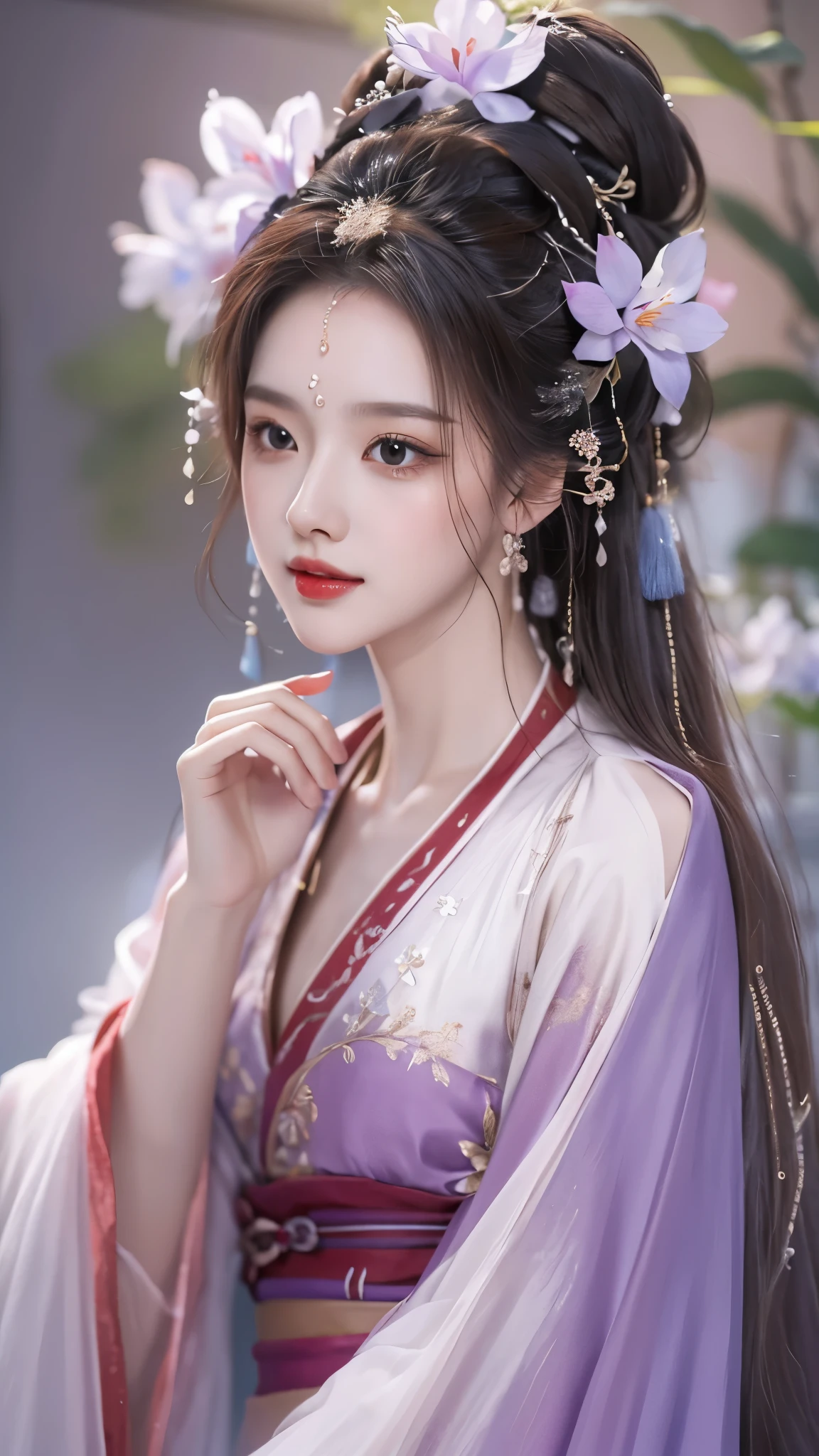 hanfu-song, hanfu, song theme, bandeau, tube top, ((knee shot)), ((masterpiece, best quality)), ((bare shoulders)), ((The skirt is short)), ((Sexy slender legs)), red lips, a mature woman, cosmetic, lifelike、real picture、((realistically:1.5))、White phalaenopsis around hair，Lilac dendrobium、White Lily、1 girl、brown hair、flowing hair、plump breasts, slim body, Charming legs, bright smile, strike an elegant pose, Have extremely beautiful facial features、hairpins on head、perfect hands、(night、moon、cliff)、 vector art、Chinese contemporary art、soft light、look down