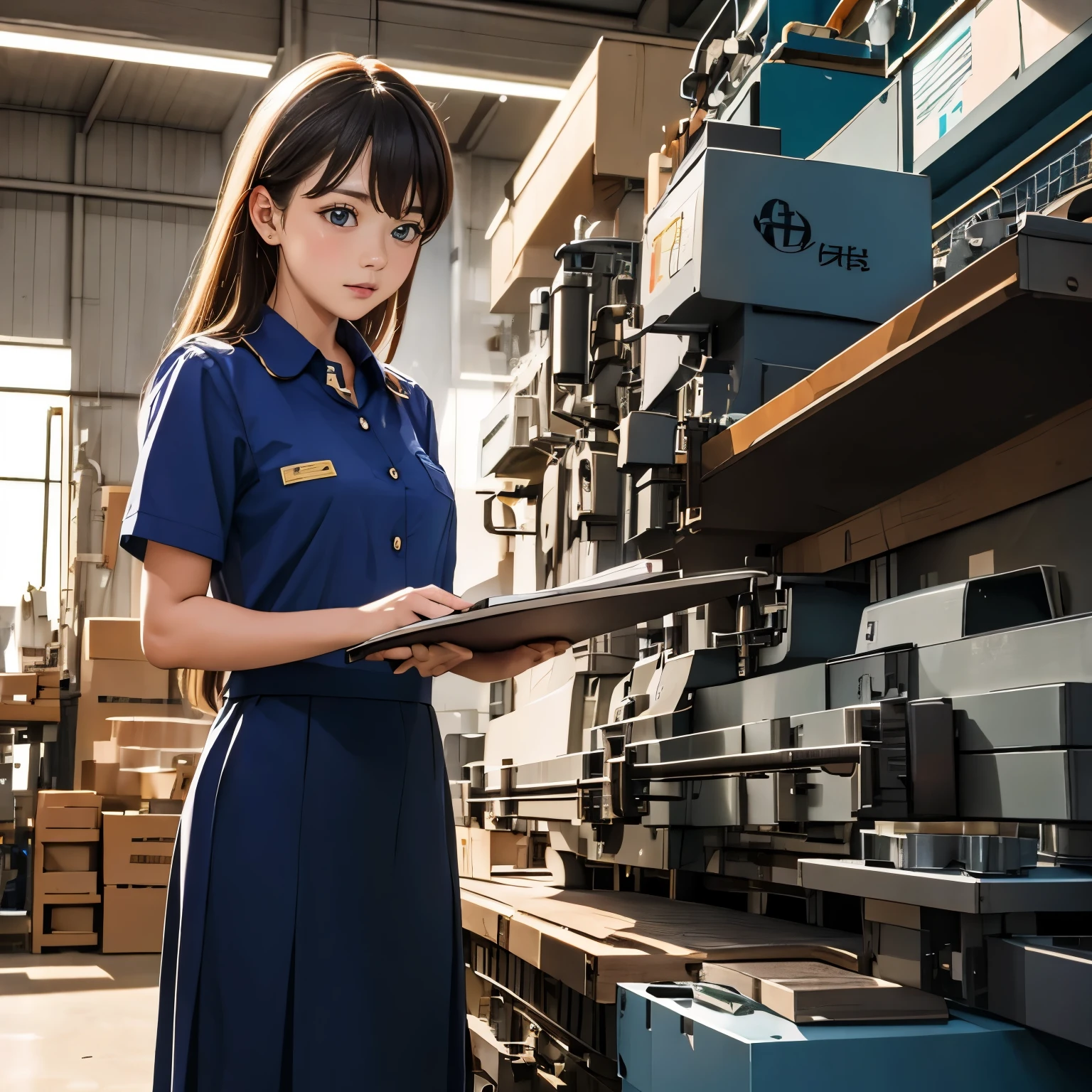 images haute définition, perspective atmosphérique, 8k, super détail, précis, meilleure qualité, fond d&#39;anime, Focus sur la culotte, chemise, jupe longue, commis d&#39;usine, veste d&#39;uniforme, plaque signalétique, dans l&#39;usine géante, tours, Machines CNC, centre d&#39;usinage, tenant un presse-papiers et des documents, 