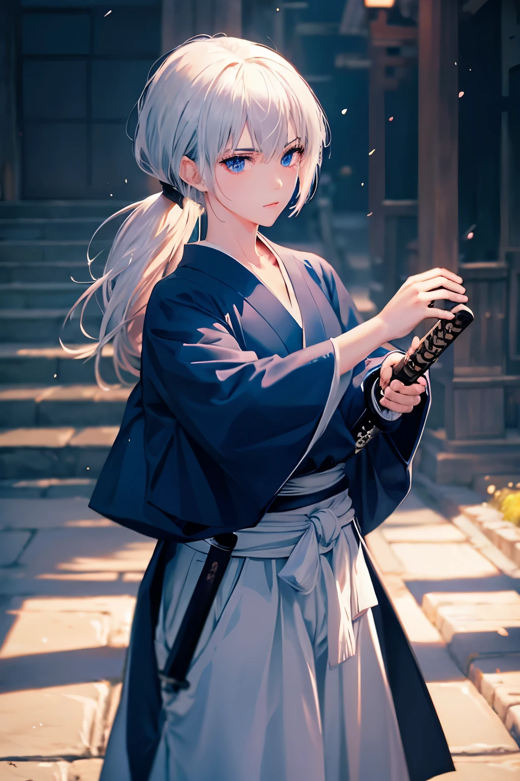 （（high quality、masterpiece、detailed、normal body、５This finger））、beautiful girl swordsman（（Holds a Japanese sword in the right hand:1.4、holding the scabbard in the left hand、silver hair、Eyes that emit a mysterious light））、black robe、white skirt:1.2、moonlight、wielding a Japanese sword:1.5、Battoujutsu、Iai、pulls out a Japanese sword from its sheath、Feminization:1.4