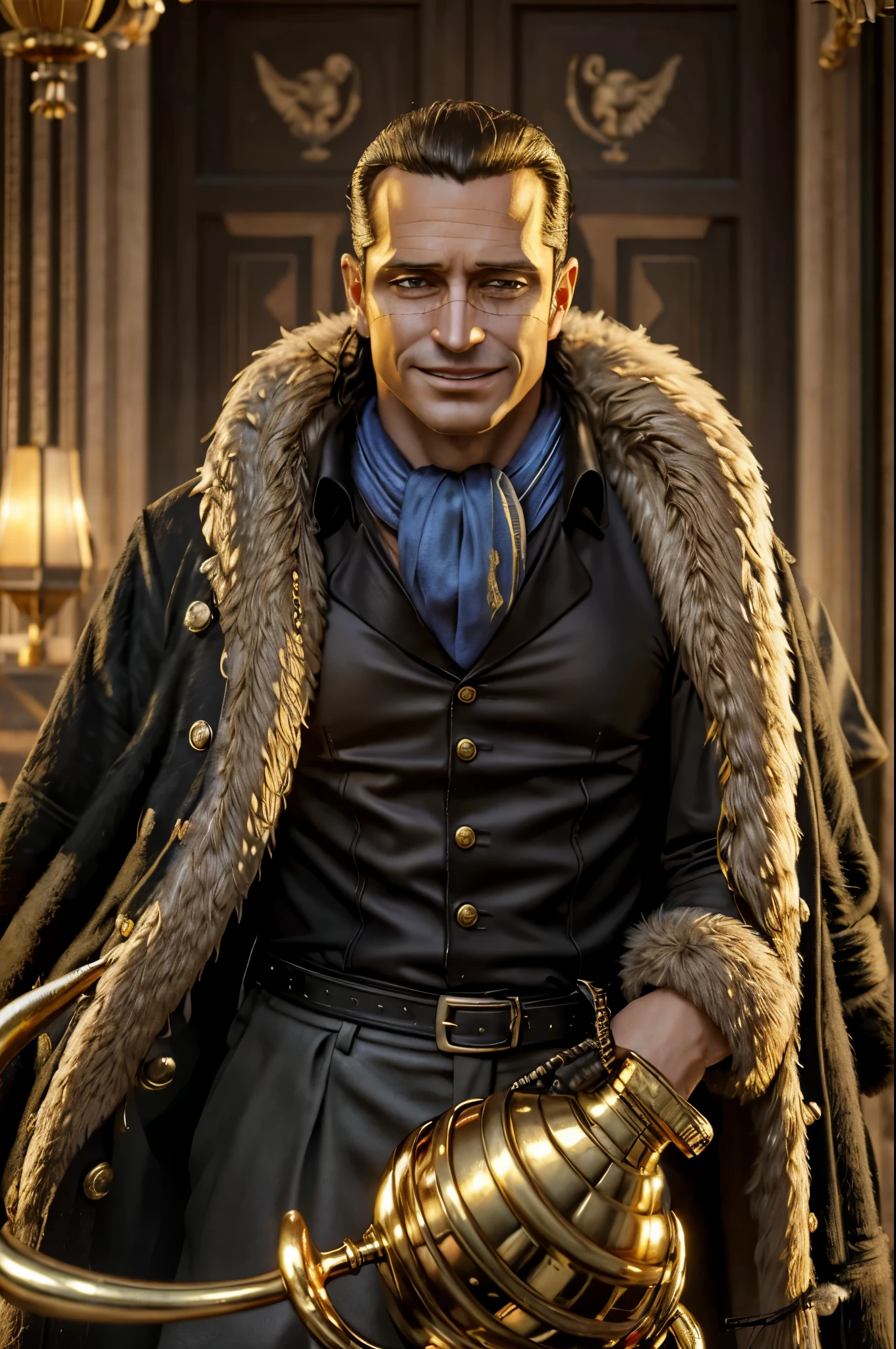 masterpiece, best quality, extremely detailed, hyperrealistic, photorealistic, a cool 40s man, ultra detailed face:1.1, fur-trimmed coat, scarf around the neck, his left hand is a golden pirate hook:1.1, royal palace, sly smile
