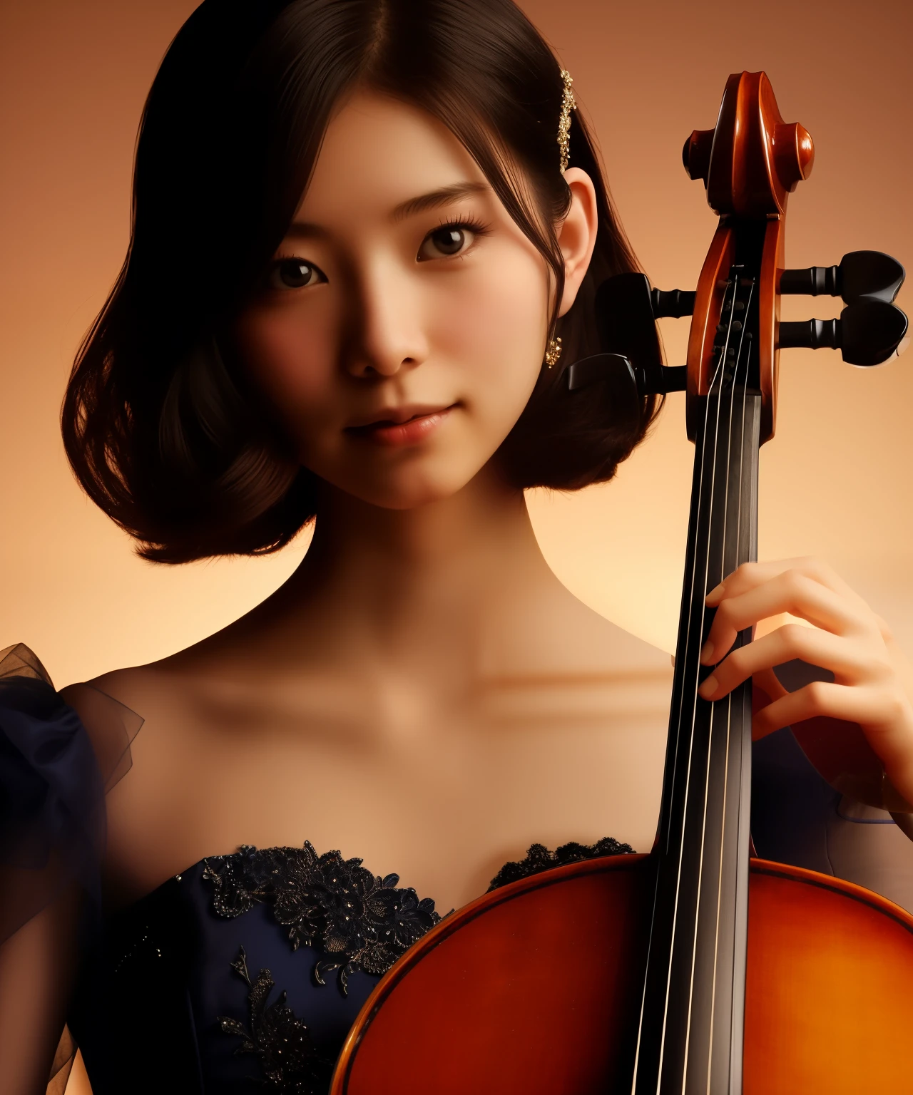 cello player, Japanese female 22 years old, one person, chiaroscuro, surrealism, dark blue simple design dress, The background is a warm color gradation, that person is clear, detailed face, fine instruments, smile