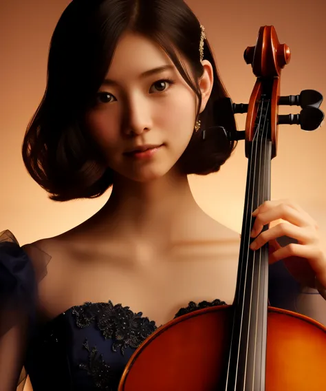 cello player, Japanese female 22 years old, one person, chiaroscuro, surrealism, dark blue simple design dress, The background i...